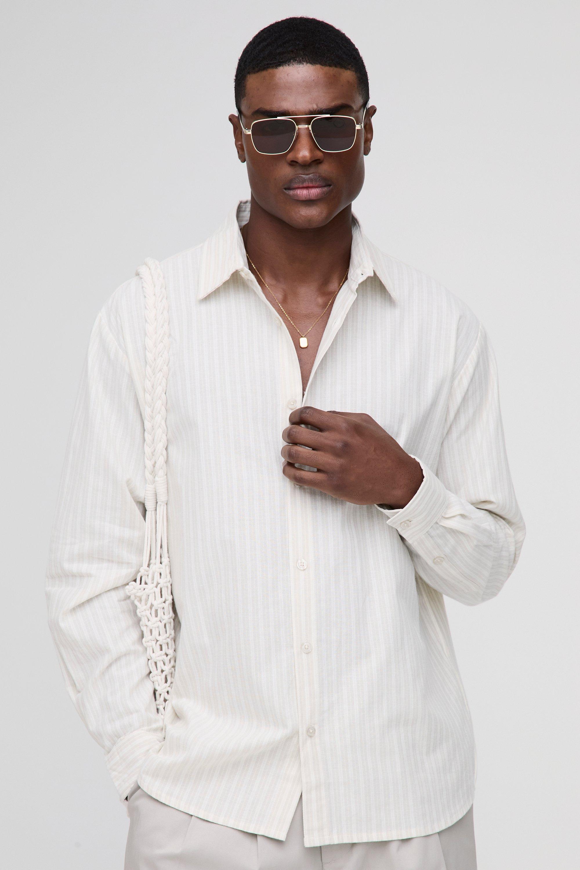 Mens Beige Super Oversized Linen Look Striped Collared Shirt, Beige