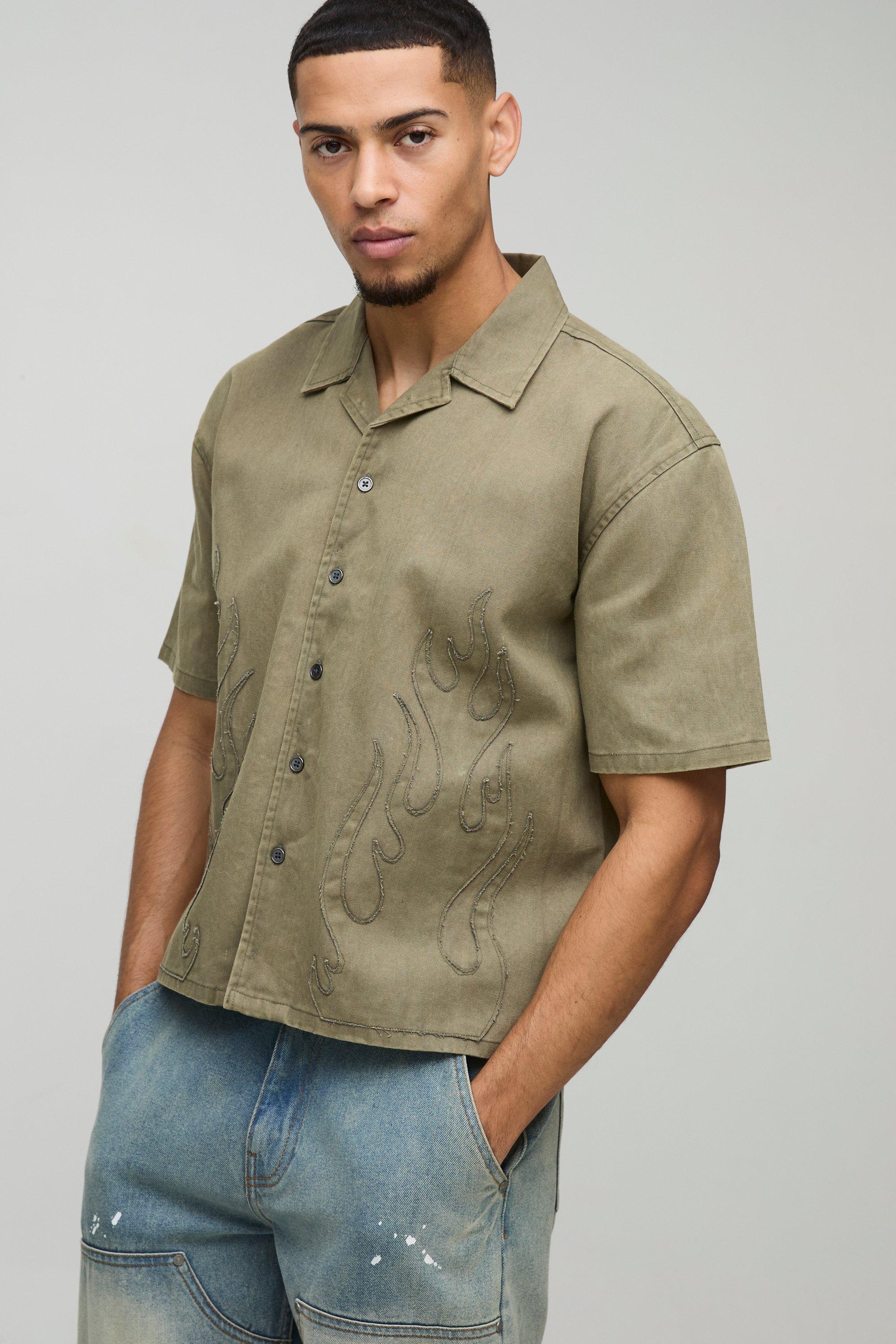 Mens Green Oversized Boxy Washed Flame Applique Washed Shirt, Green