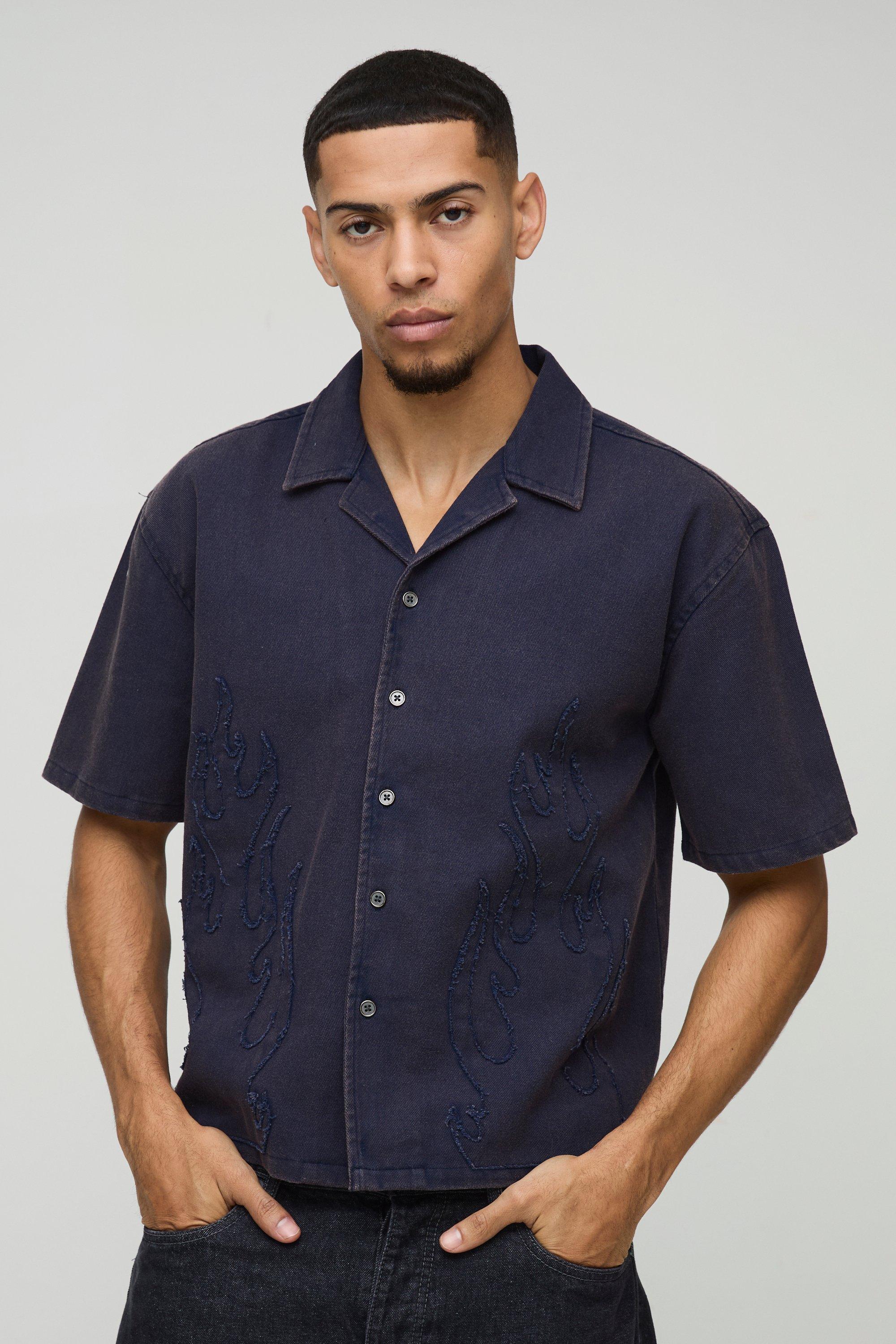 Oversized Boxy Washed Flame Applique Washed  Shirt