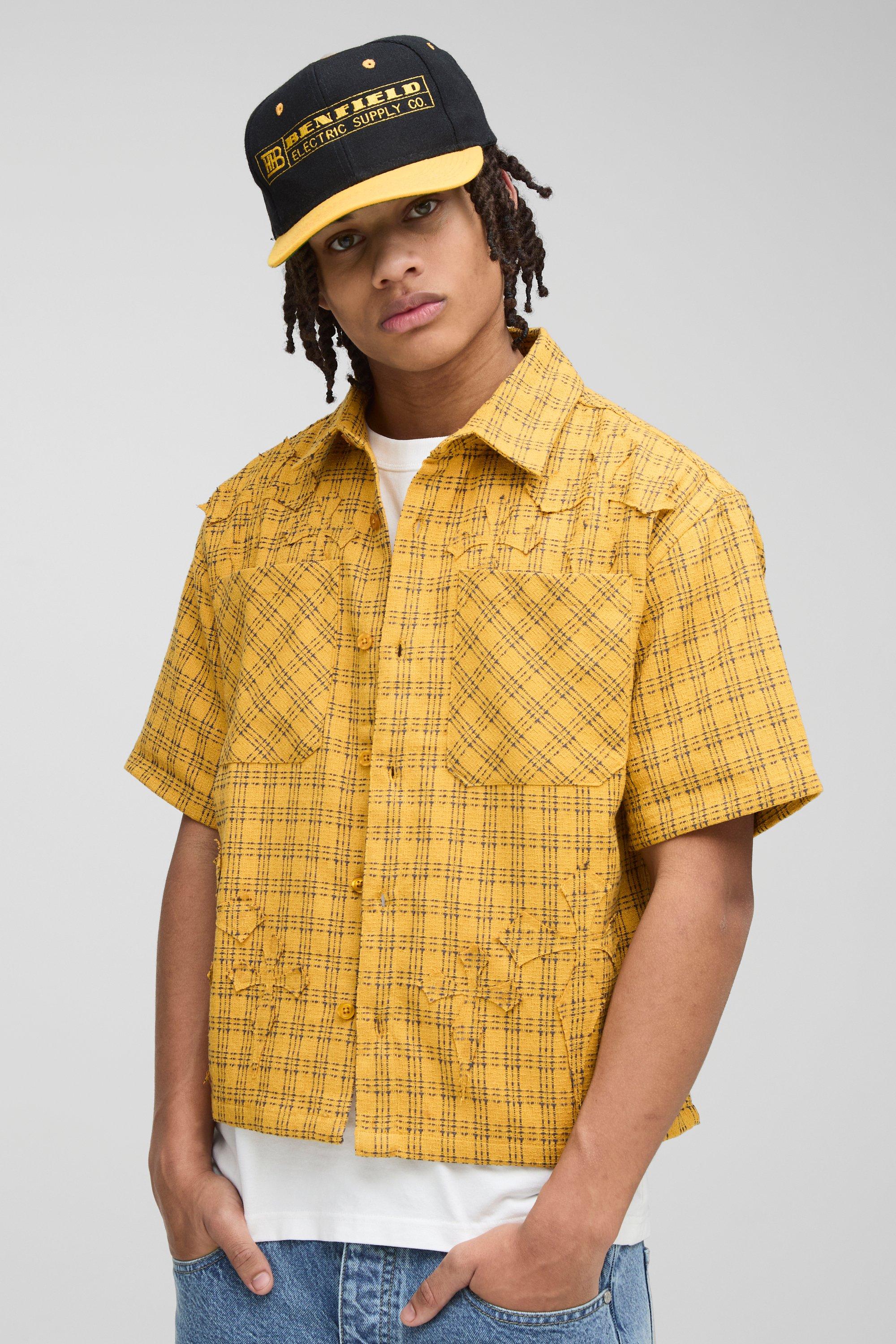 Camicia squadrata oversize a quadri con applique a croce e doppie tasche, Giallo