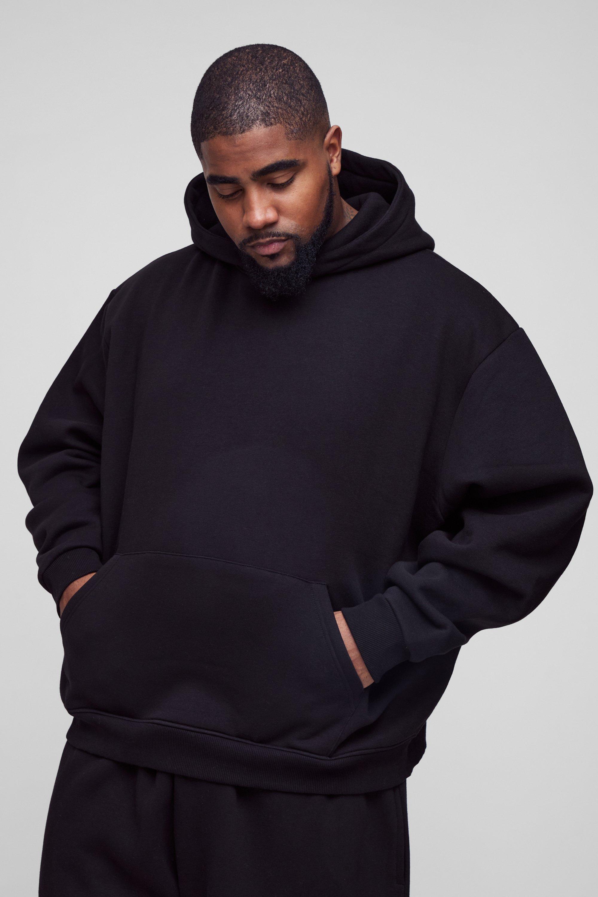 Mens Black Plus 330GSM Oversized Boxy Basic Hoodie, Black