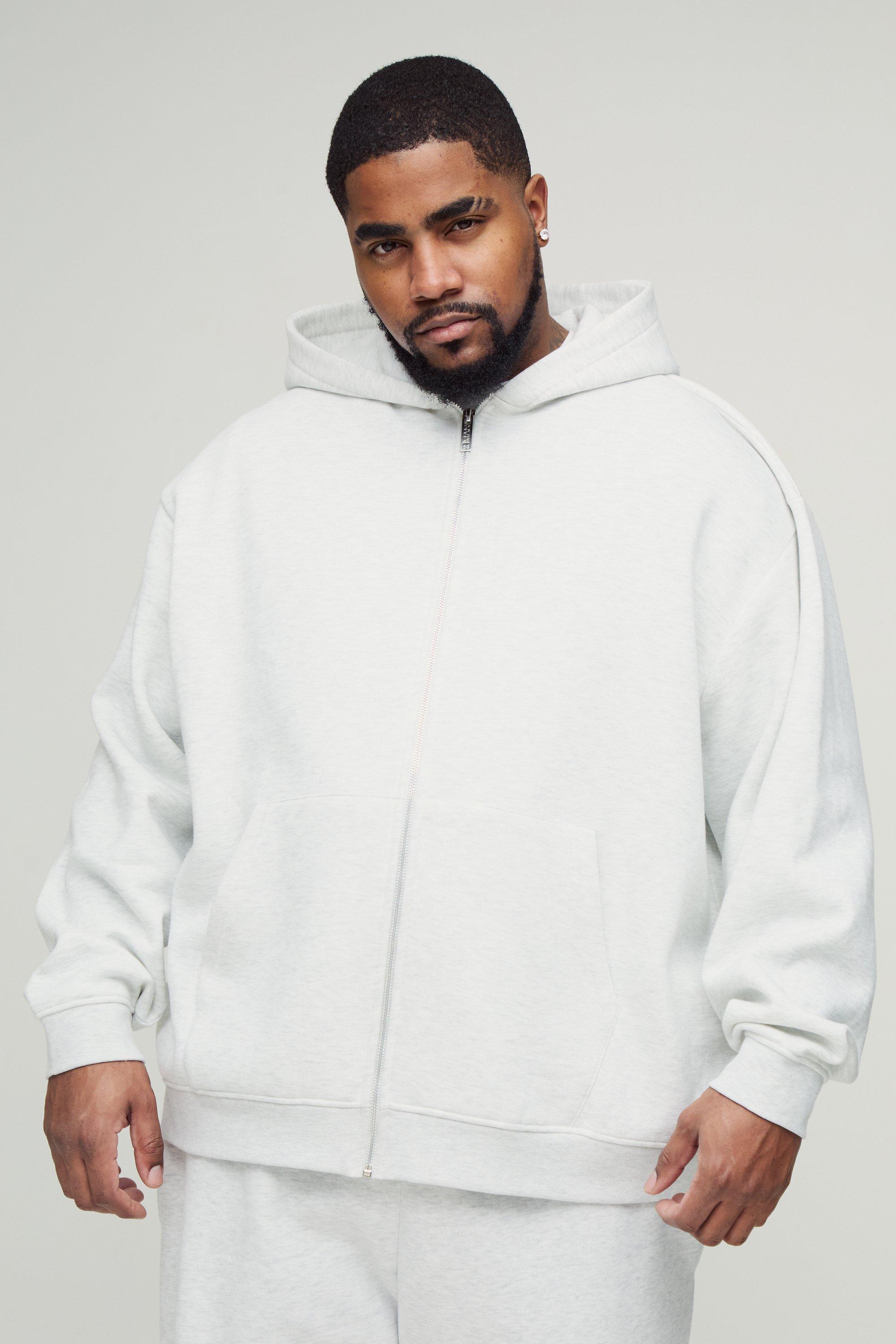 Mens Grey Plus 330GSM Oversized Basic Zip Through Hoodie, Grey