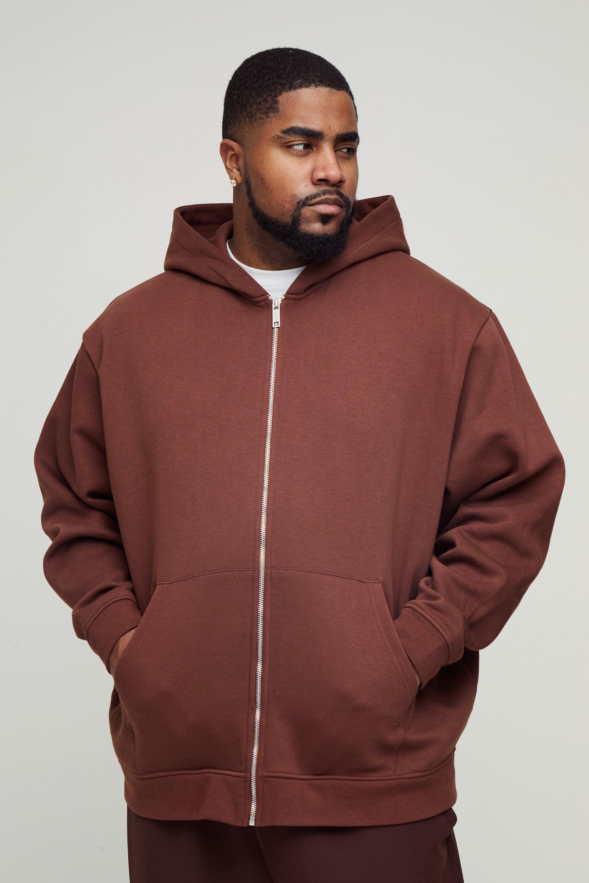 Mens Brown Plus 330GSM Oversized Basic Zip Through Hoodie, Brown