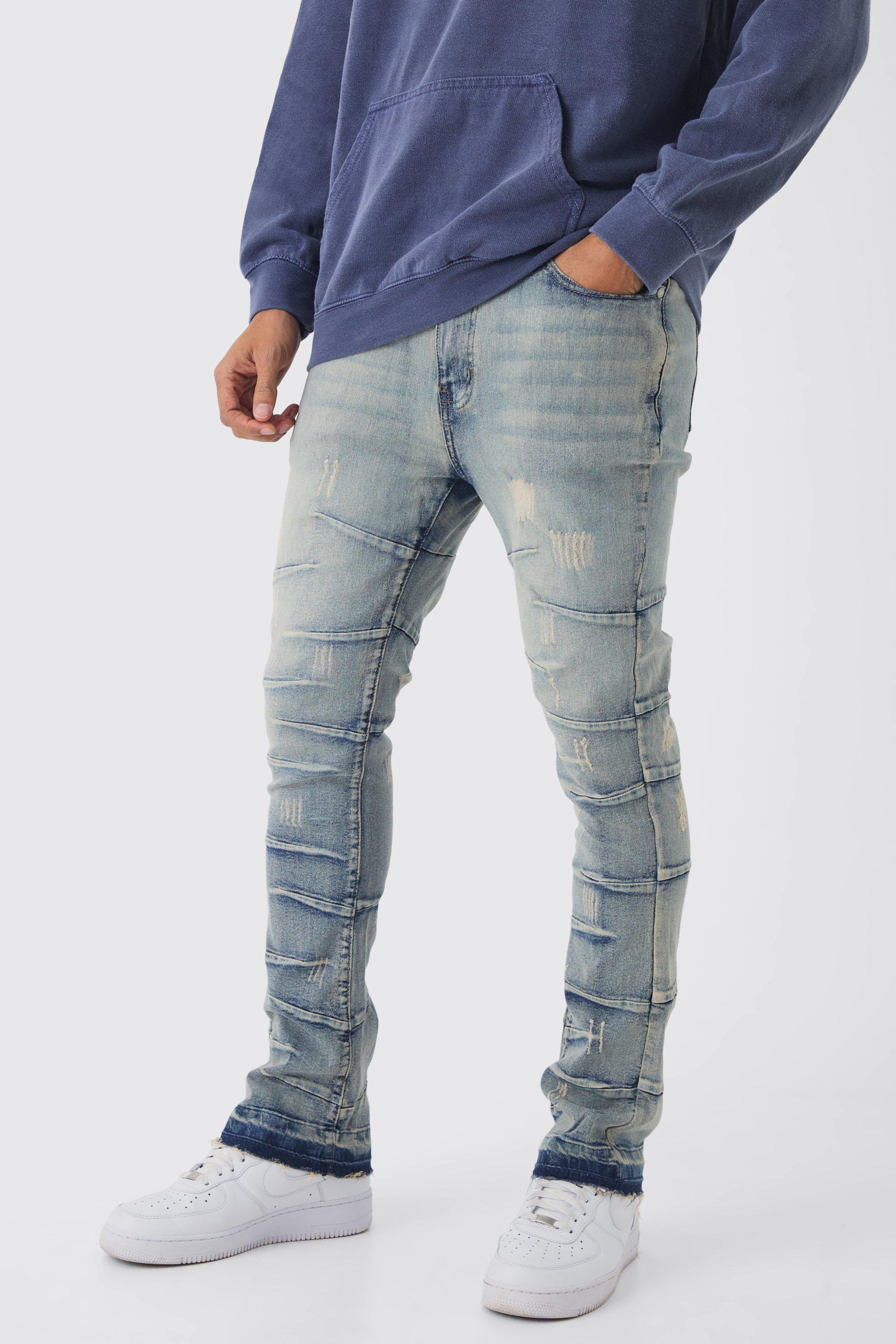 Mens Blue Skinny Flare Bleach Wash Jeans With Dart Details, Blue