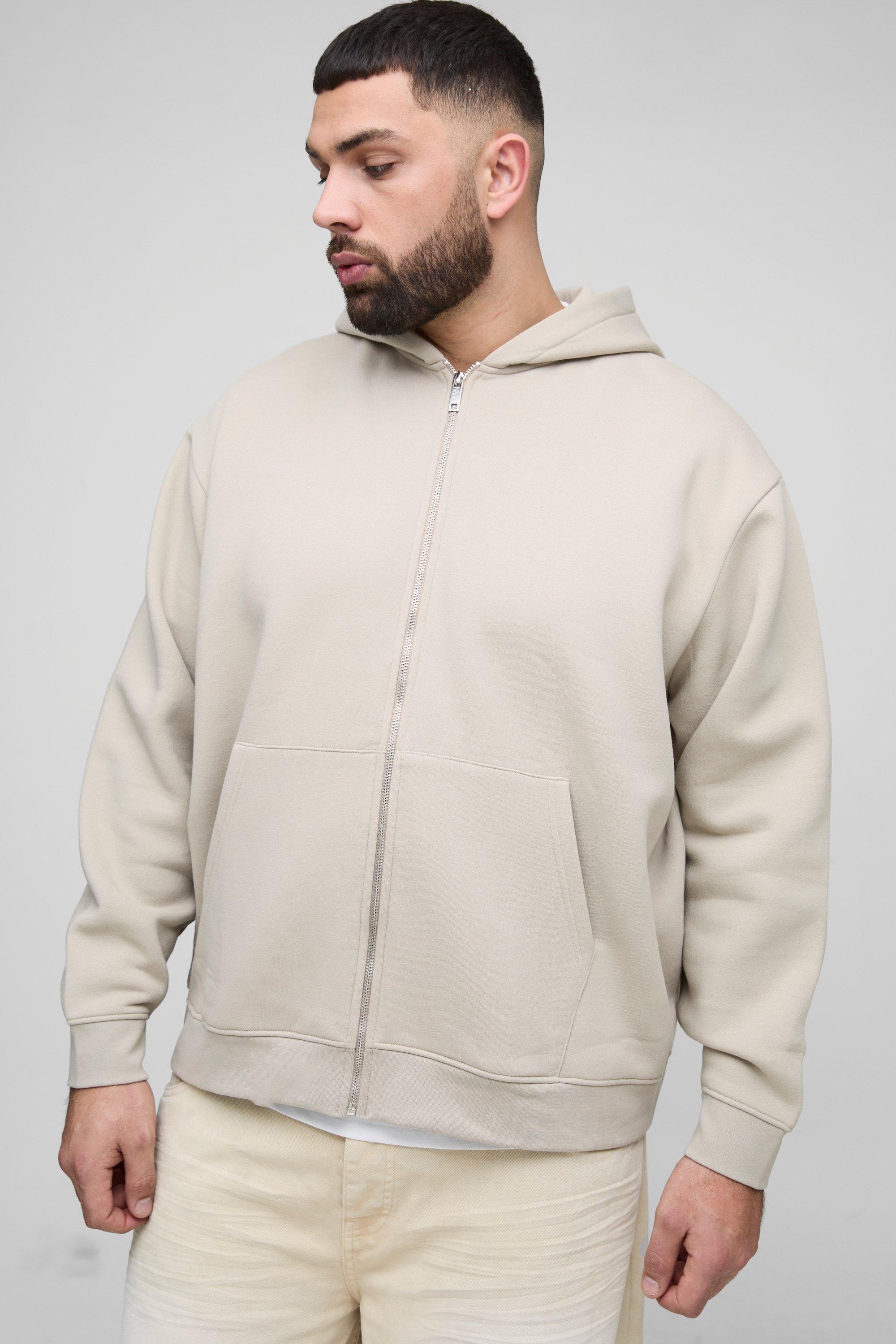 Mens Beige Plus 330GSM Oversized Basic Zip Through Hoodie, Beige