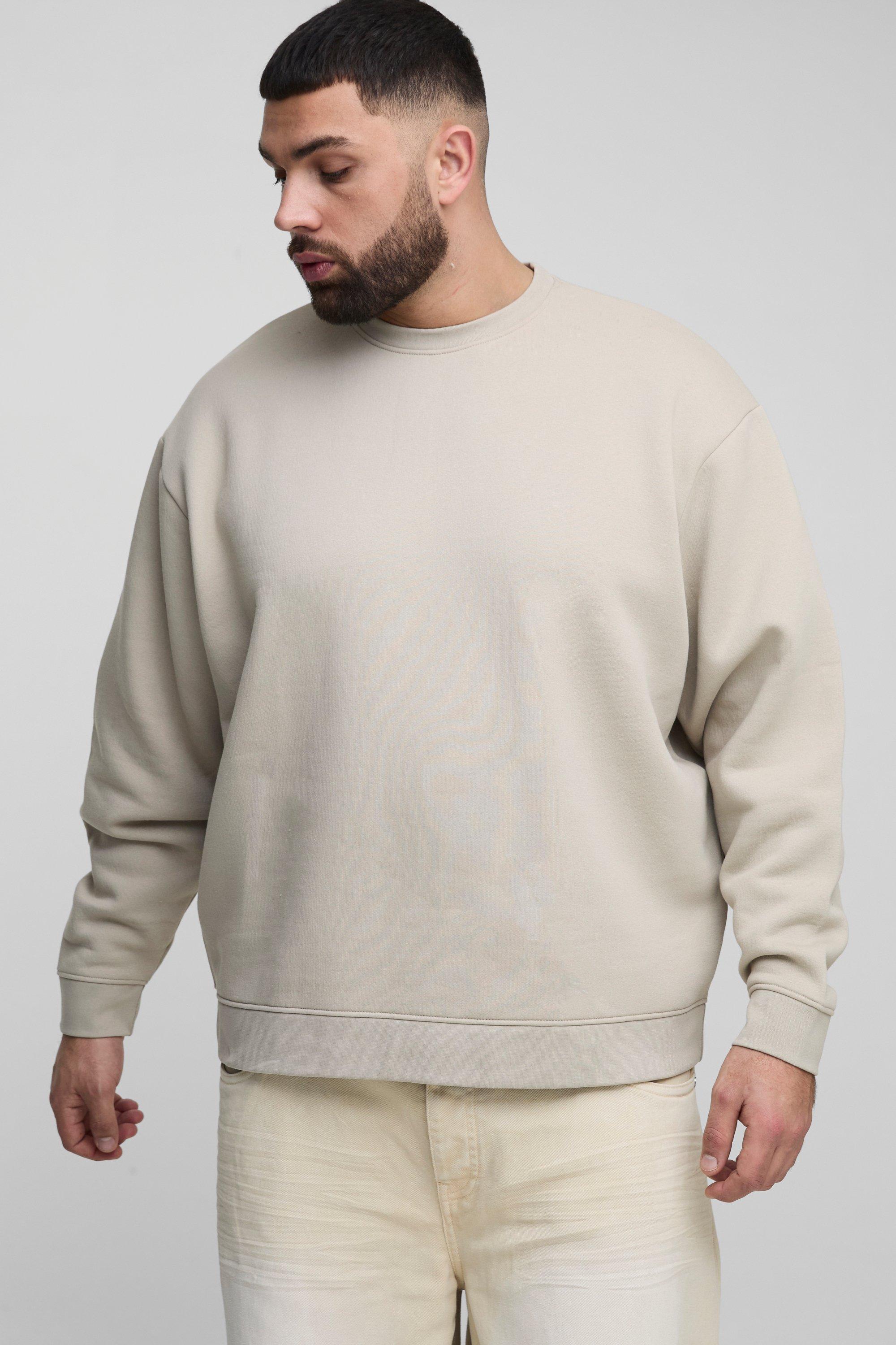 Mens Beige Plus 330GSM Oversized Basic Crew Neck Sweatshirt, Beige