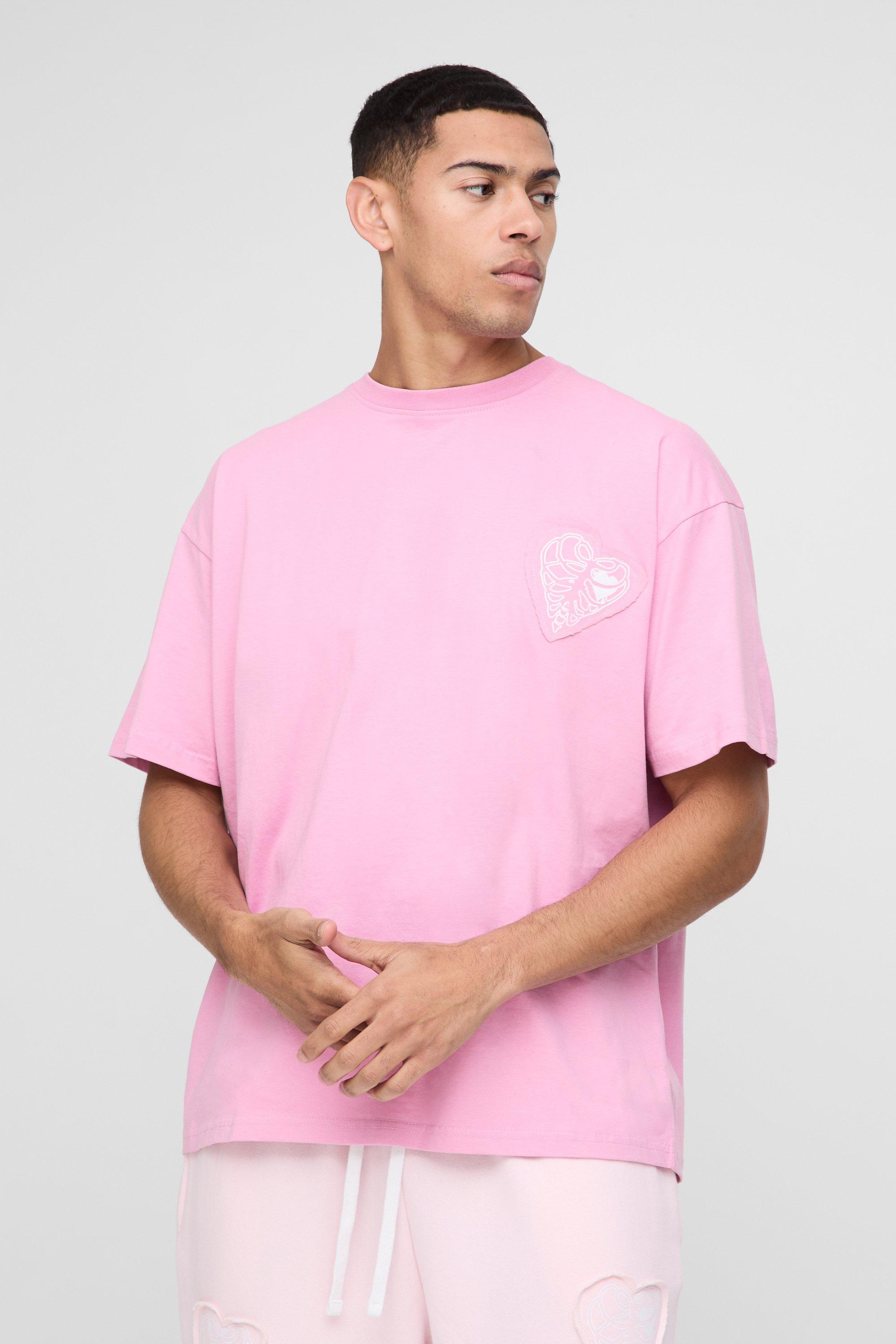T-Shirt Oversize Pesante Con Applique Di Cuori, Pink