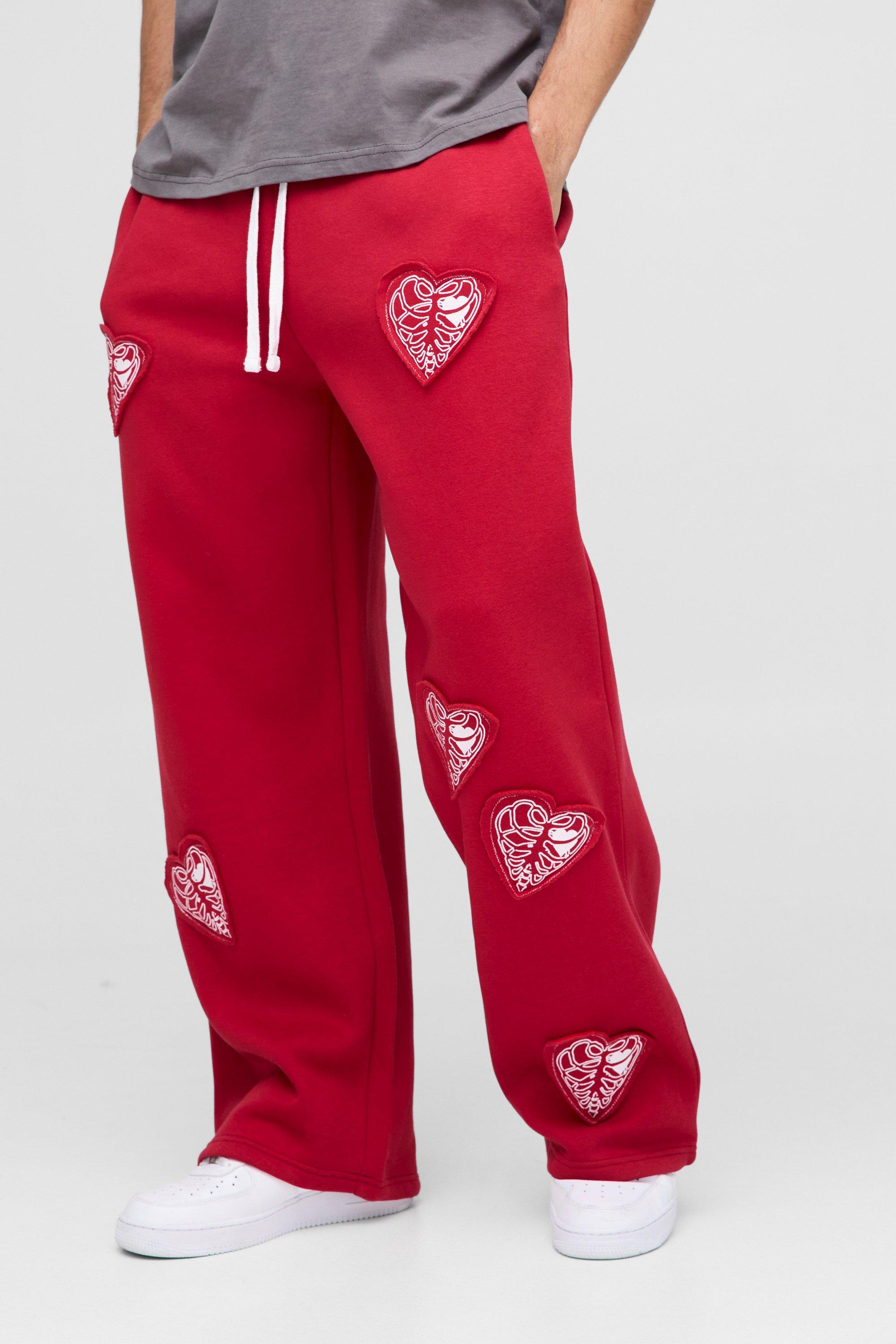 Mens Red Extreme Wide Leg Hearts Applique Jogger, Red