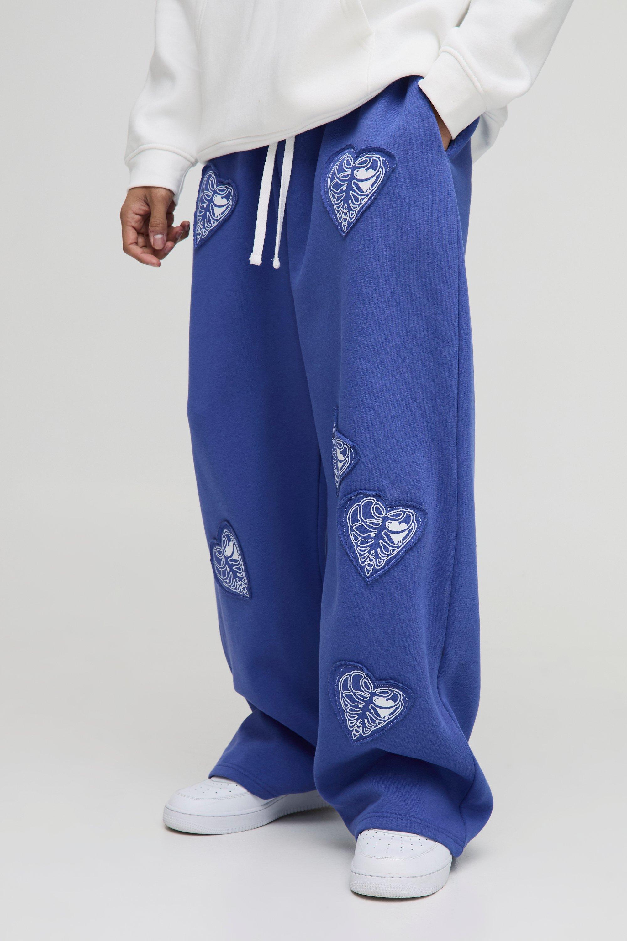 Pantaloni Tuta A Gamba Ampia Con Applique Di Cuori, Azzurro
