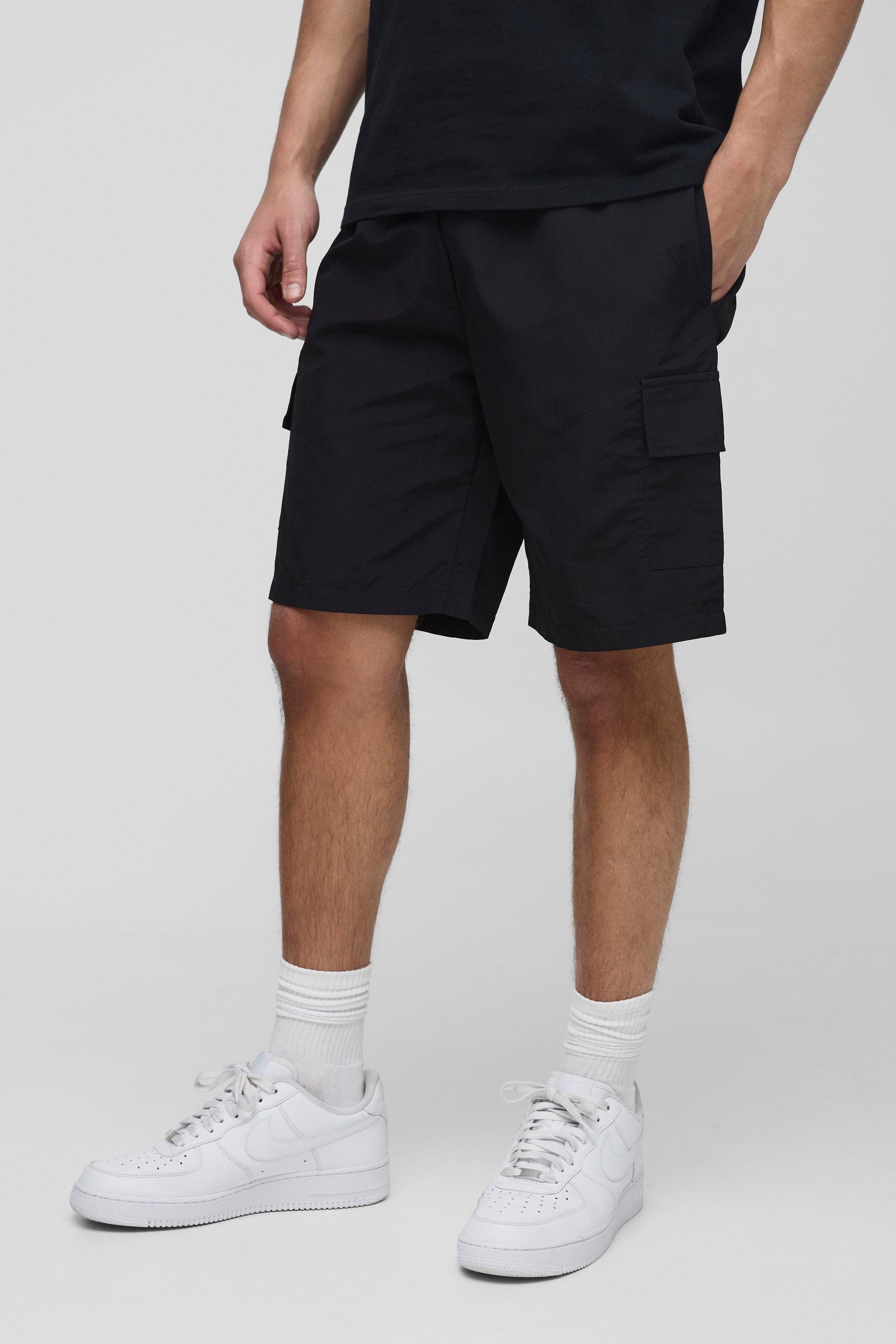 Mens Black Elasticated Waist Relaxed Mid Length Crinkle Nylon Cargo Shorts, Black