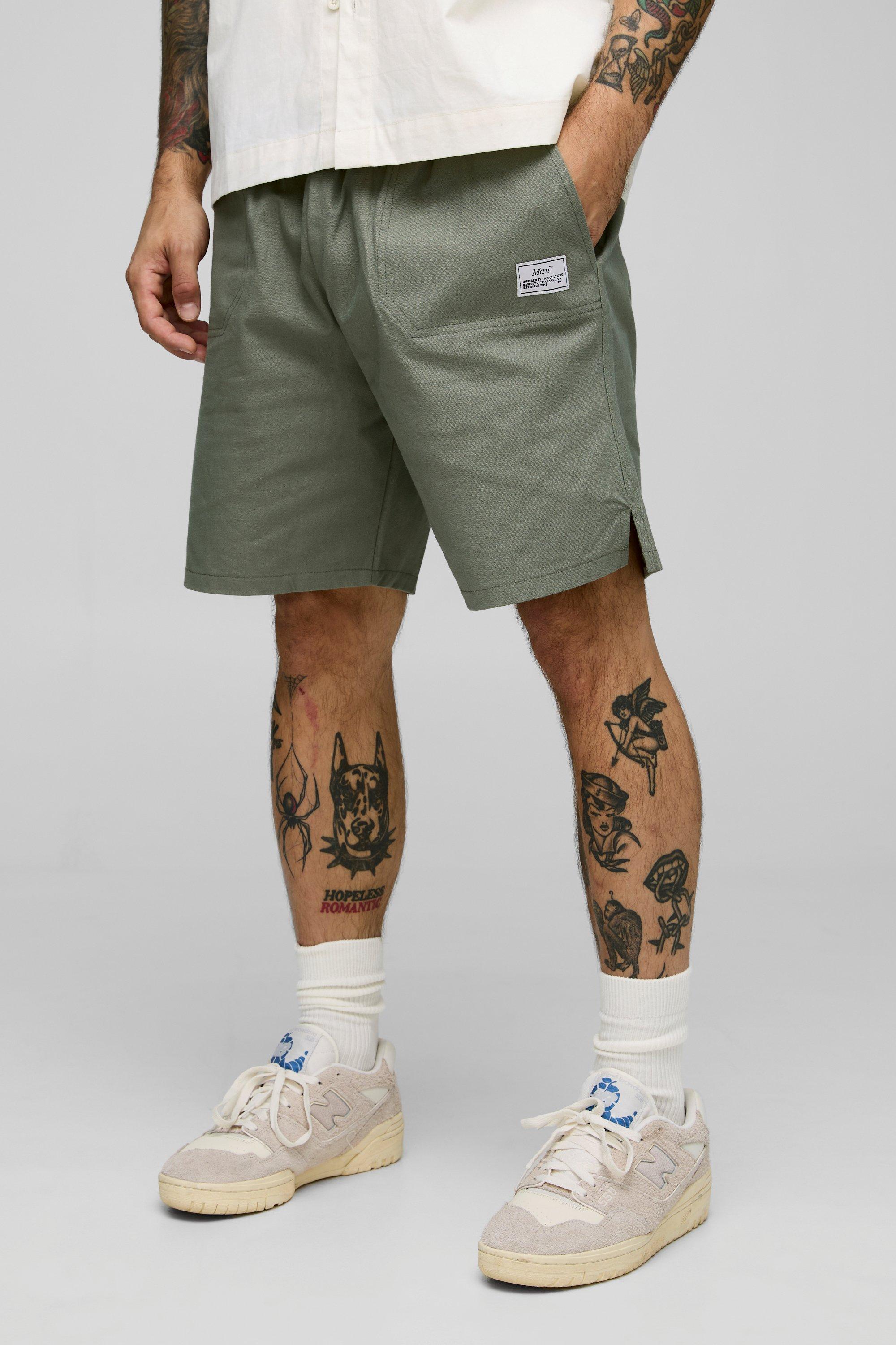 Mens Green Elasticated Waist Relaxed Woven Tab Canvas Shorts, Green