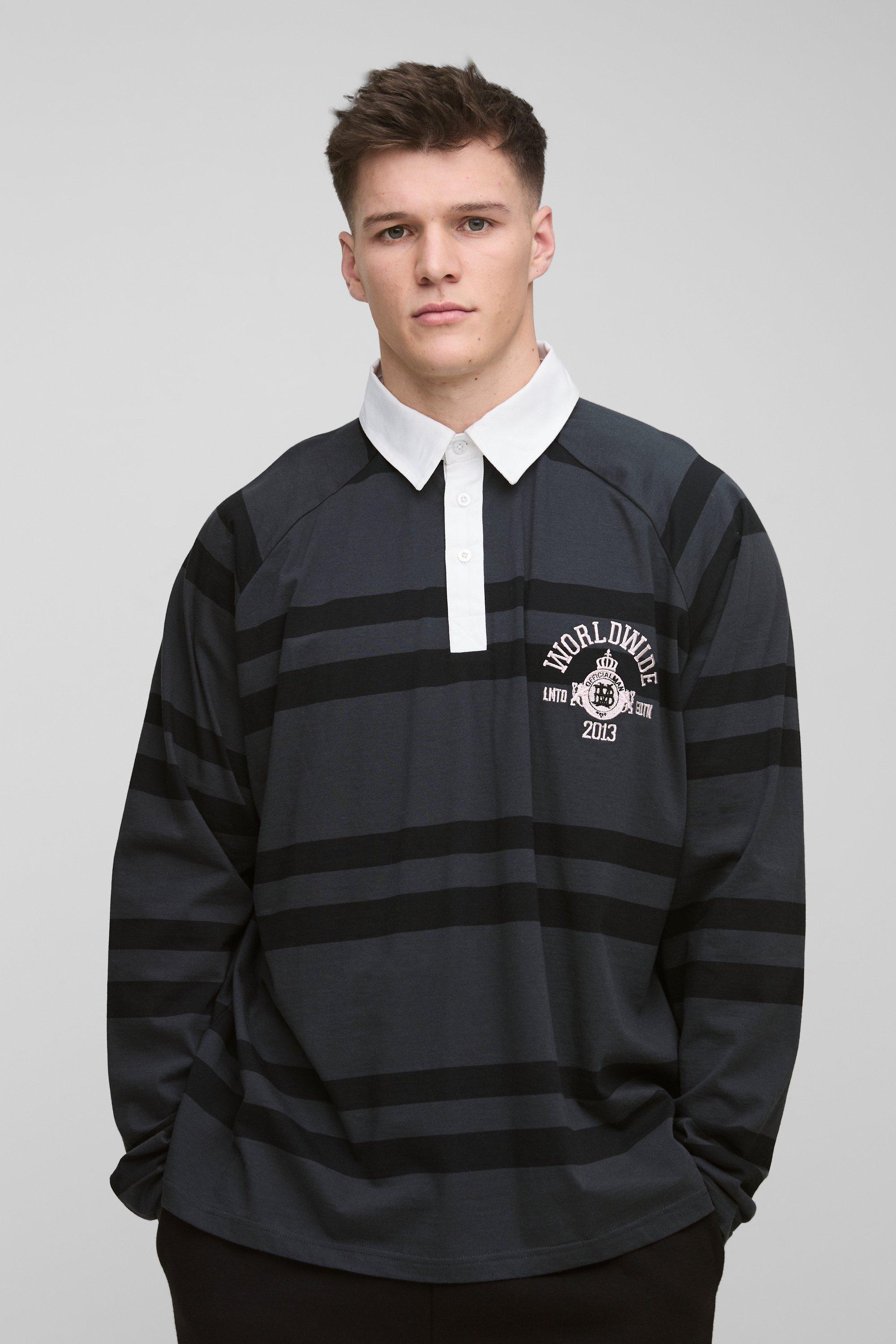 Mens Black Tall Oversized Raglan Embroidered Polo, Black