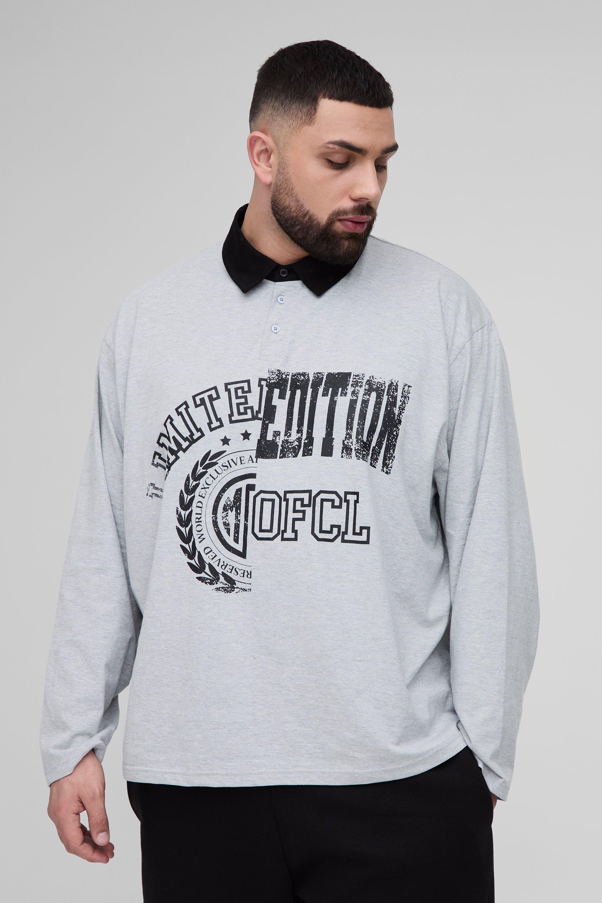 Mens Grey Plus Oversized Spliced Graphic Polo, Grey