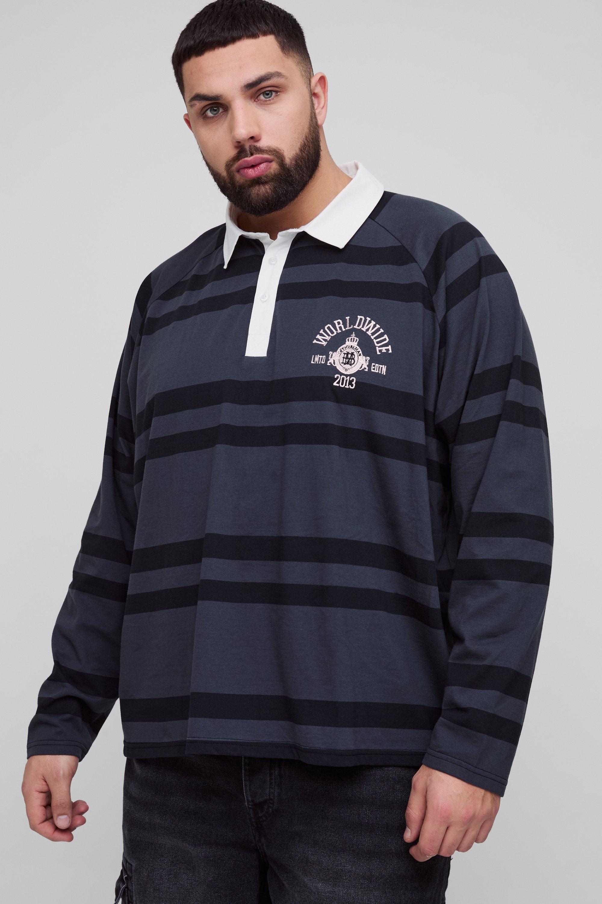 Mens Black Plus Oversized Raglan Embroidered Rugby Shirt, Black