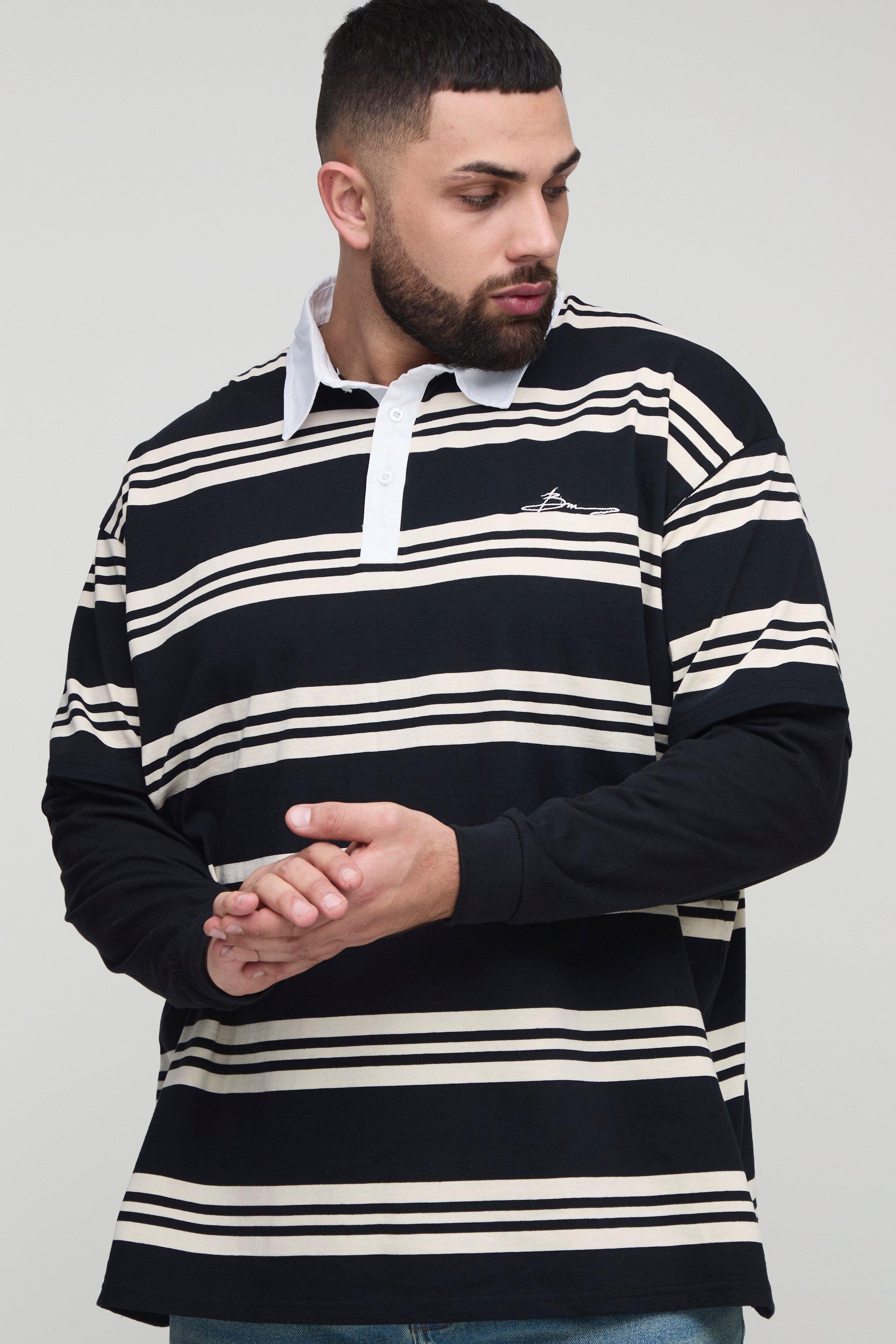 Polo Plus Size oversize a righe con ricami e finto doppio livello, Nero