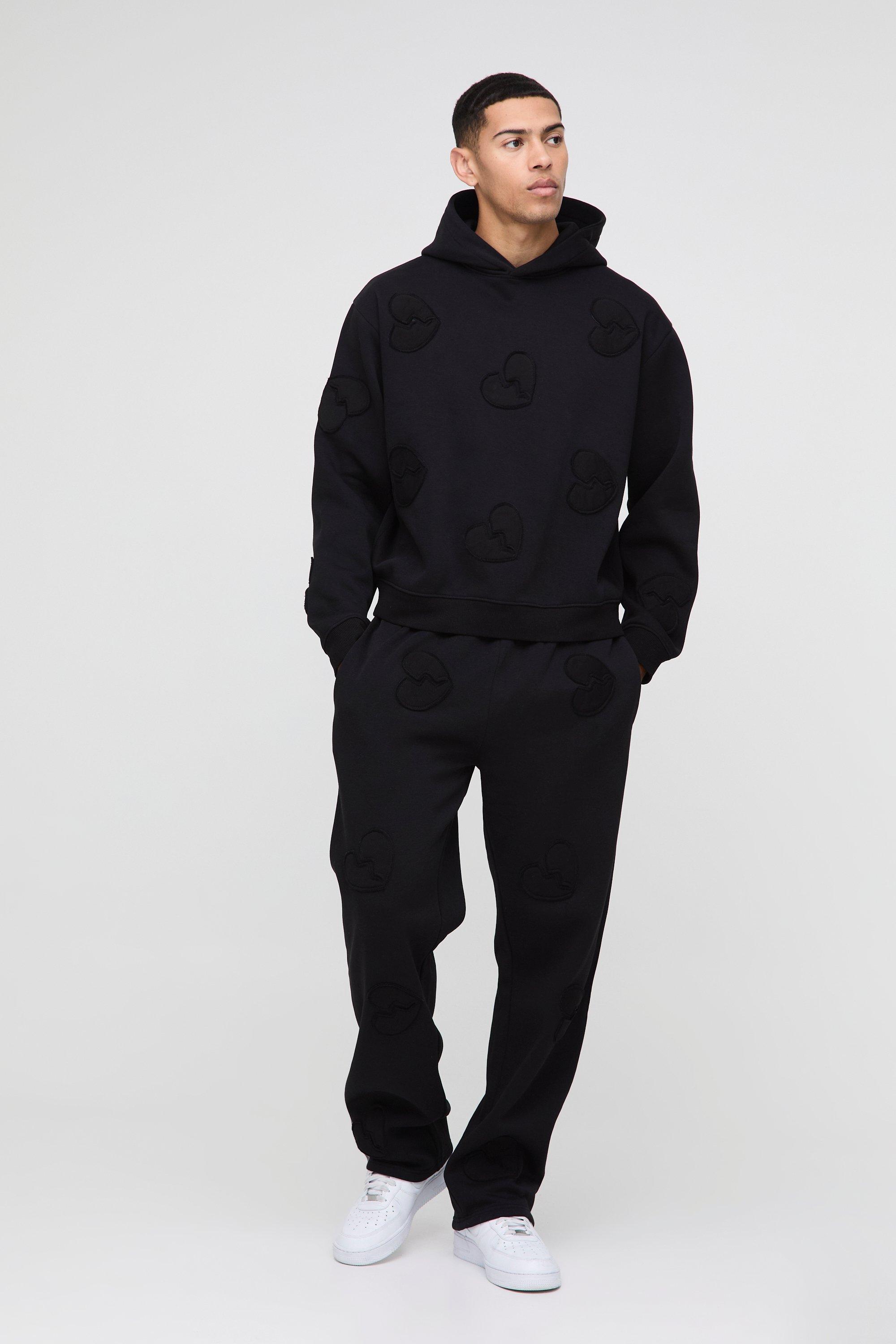 Mens Black Oversized Boxy All Over Heart Applique Tracksuit, Black