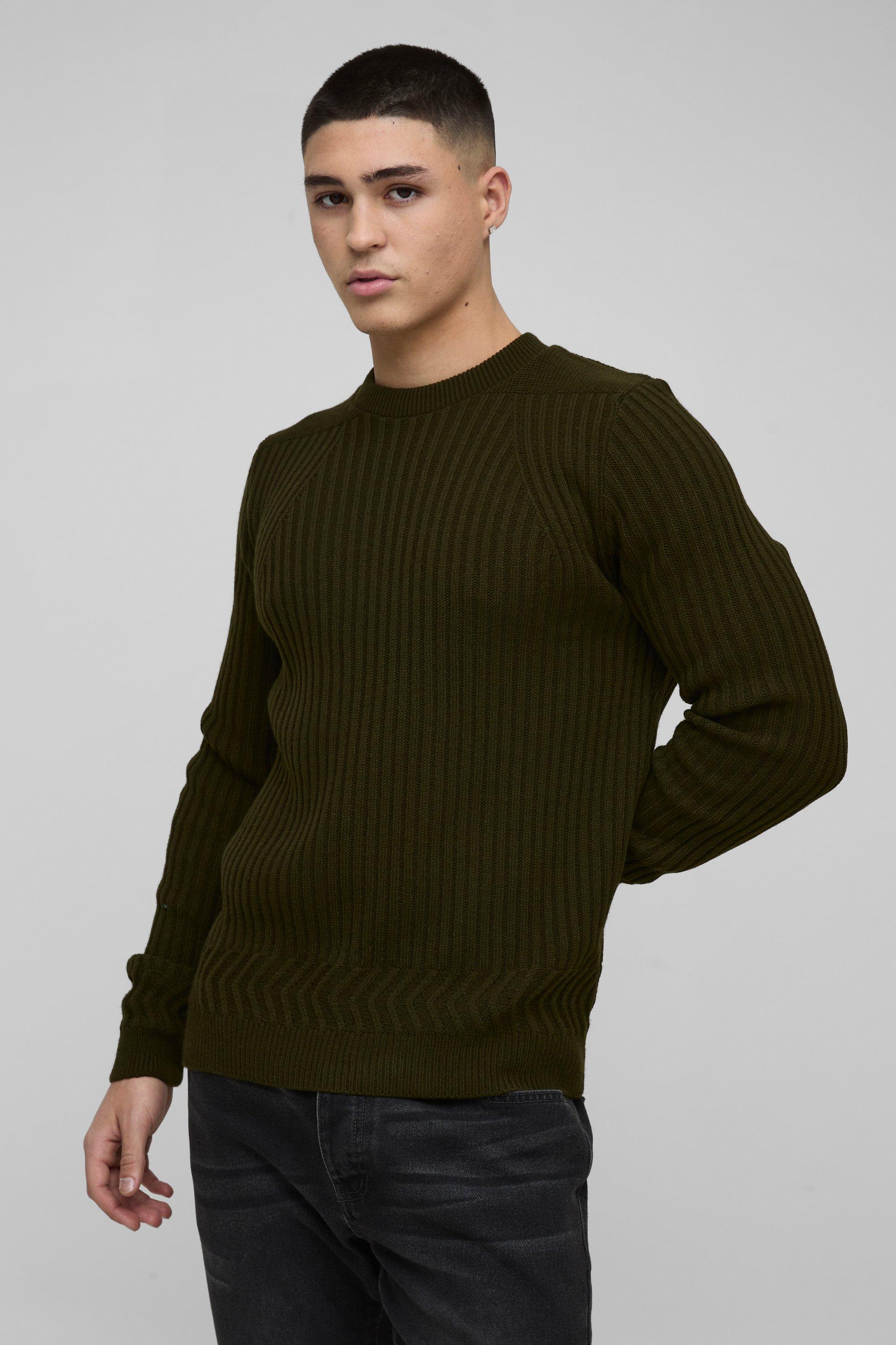 Mens Green Regular Fit Plaited Hem Knitted Jumper, Green