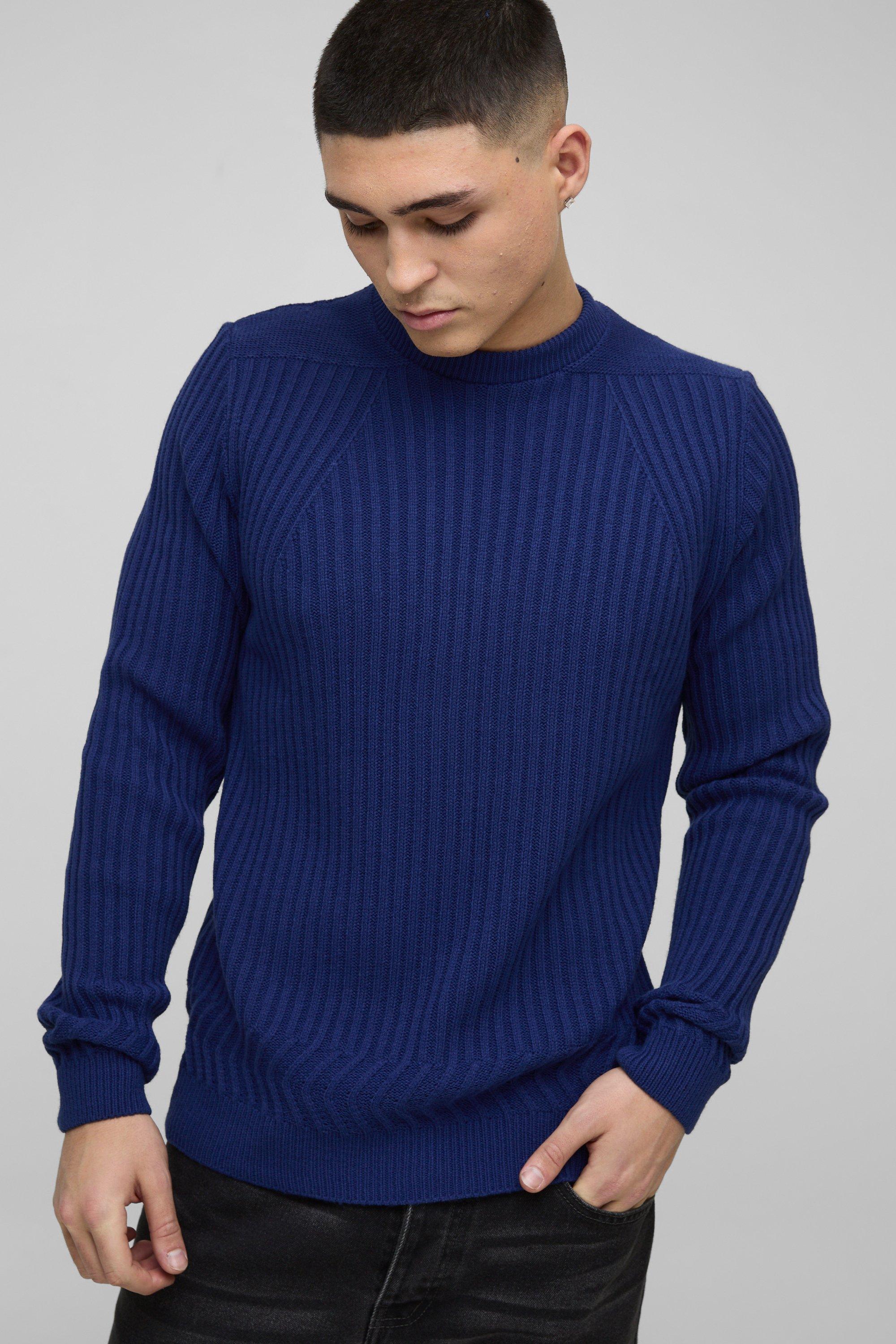 Mens Blue Regular Fit Plaited Hem Knitted Jumper, Blue