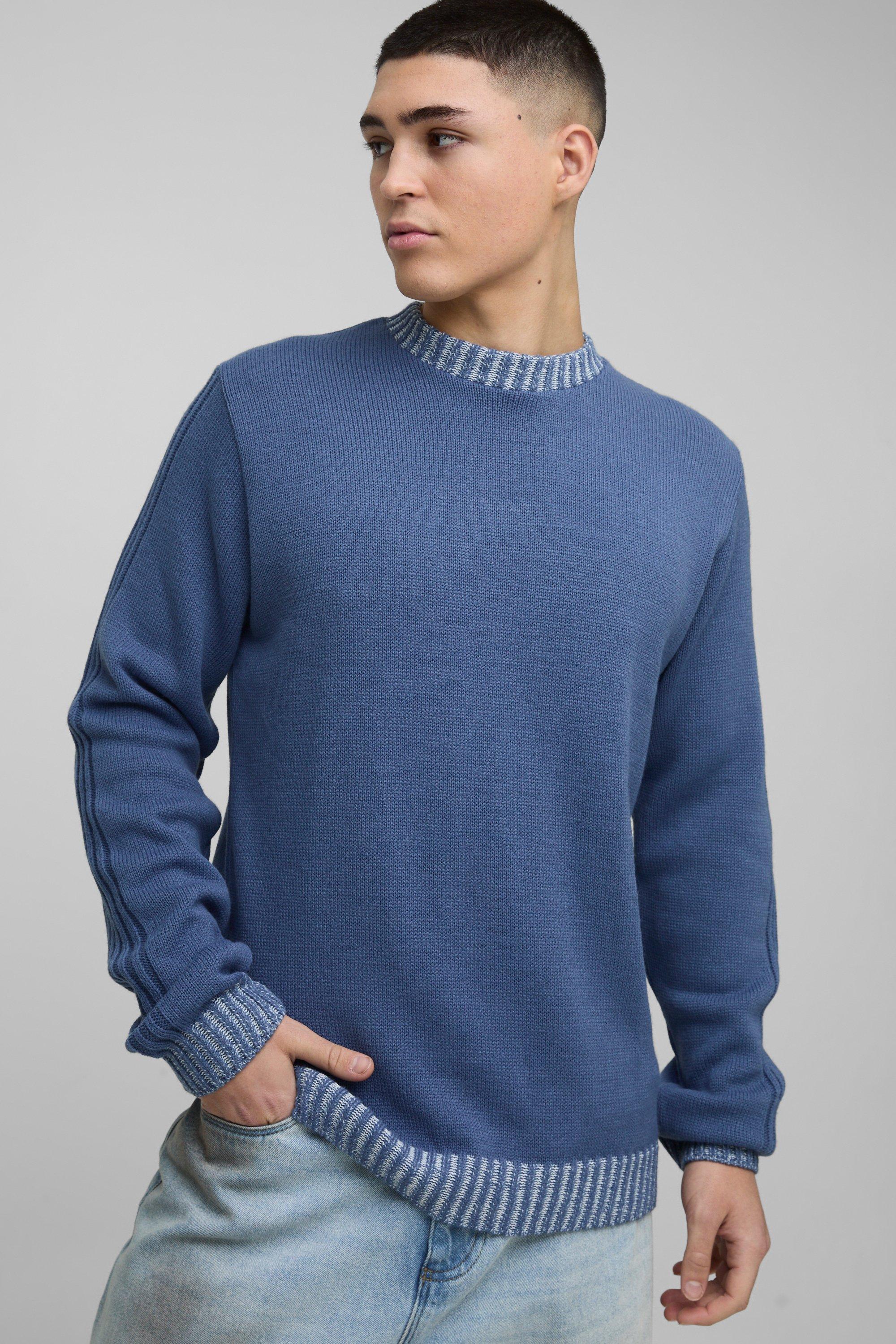 Mens Blue Regular Fit Contrast Rib Knit Sleeve Jumper, Blue