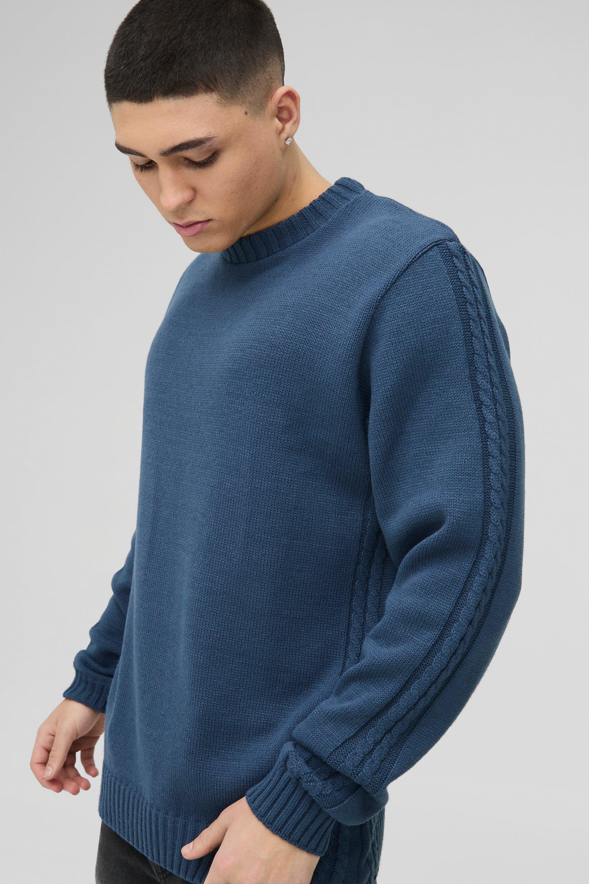 Maglione Regular Fit in maglia intrecciata con cuciture e fondo, Azzurro