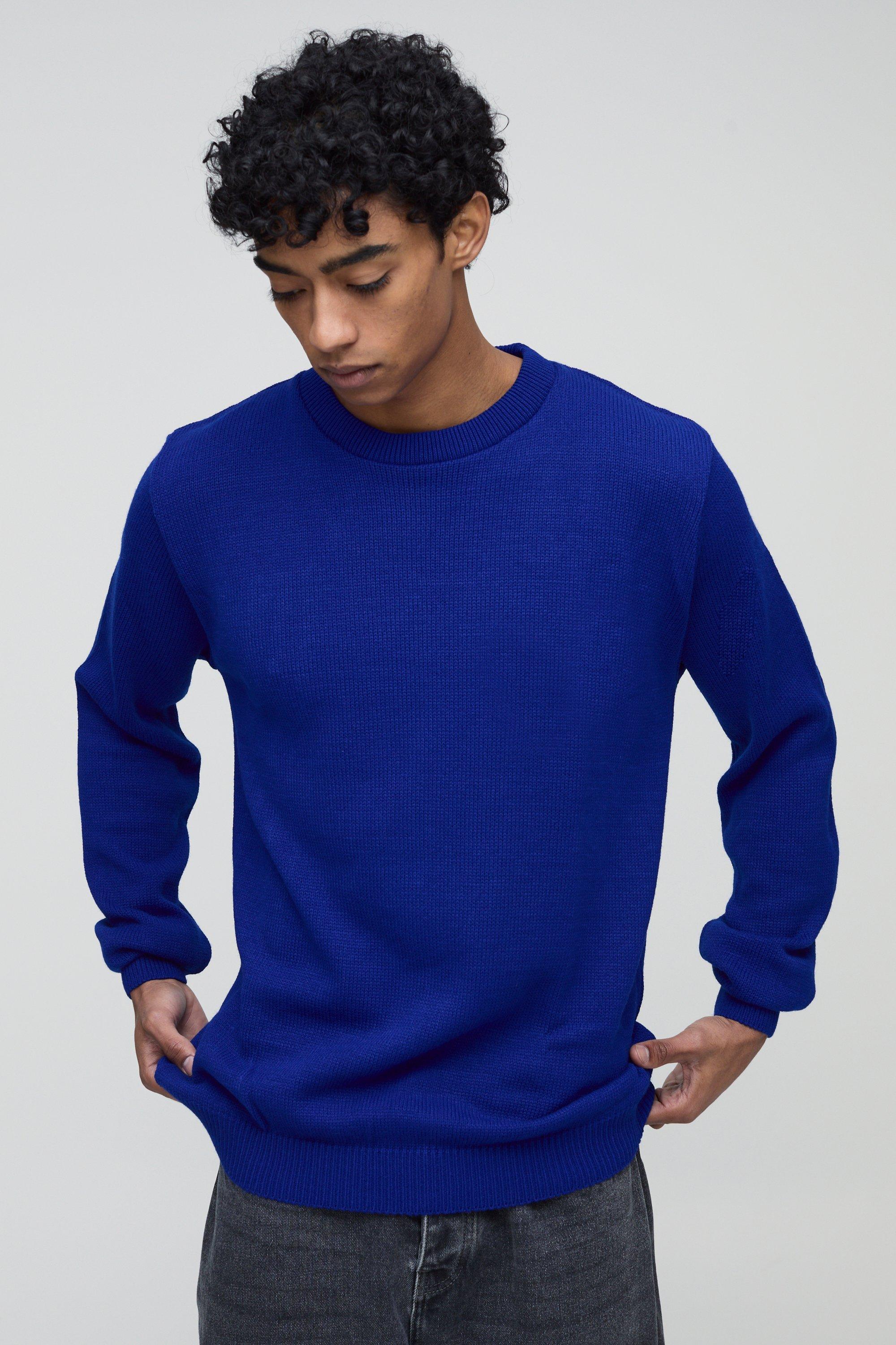 Mens Blue Regular Fit Ribbed Panel Elbow Patch Crew Knitted Jumper, Blue