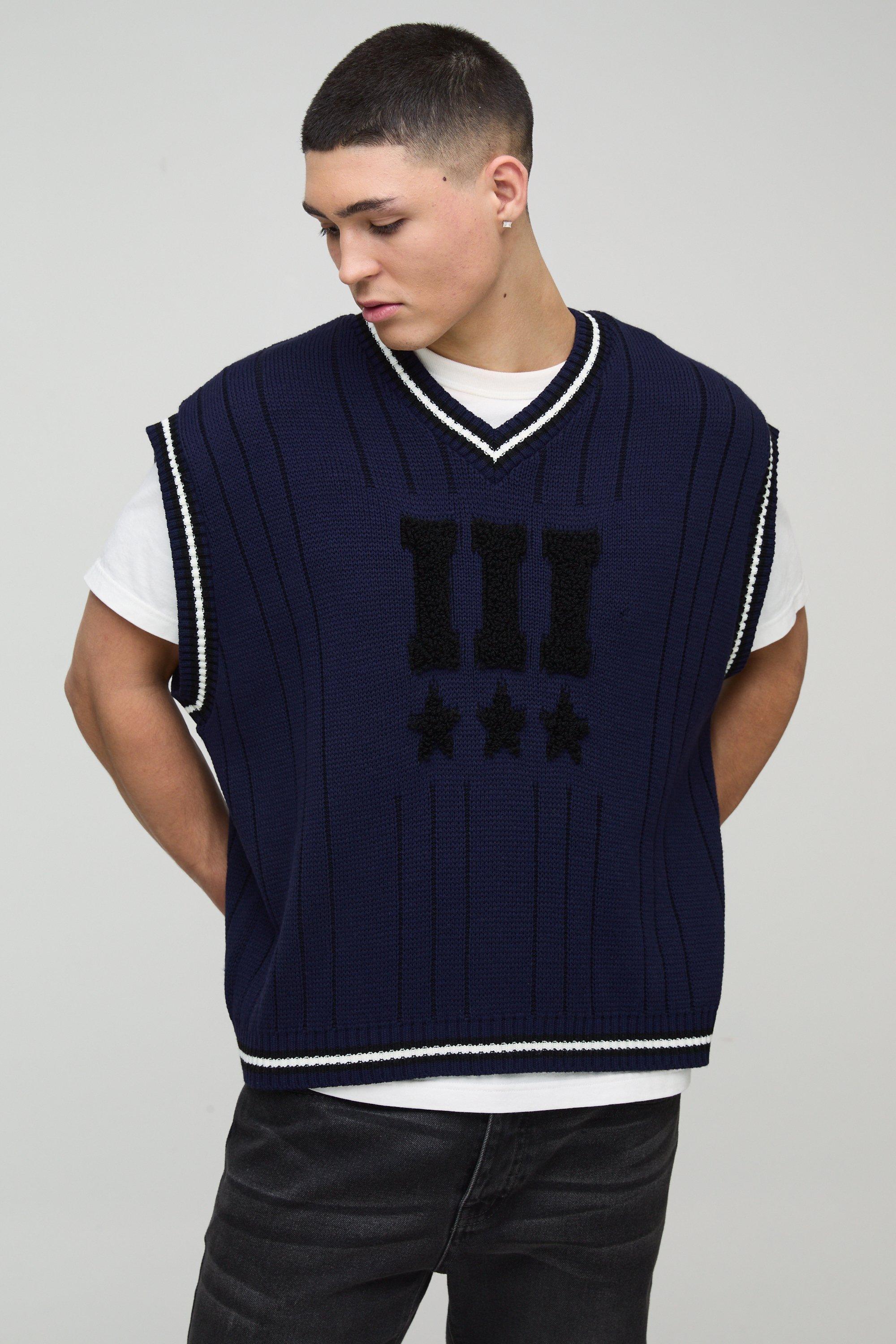 Mens Navy Oversized V Neck Varsity Stripe Knitted Vest, Navy