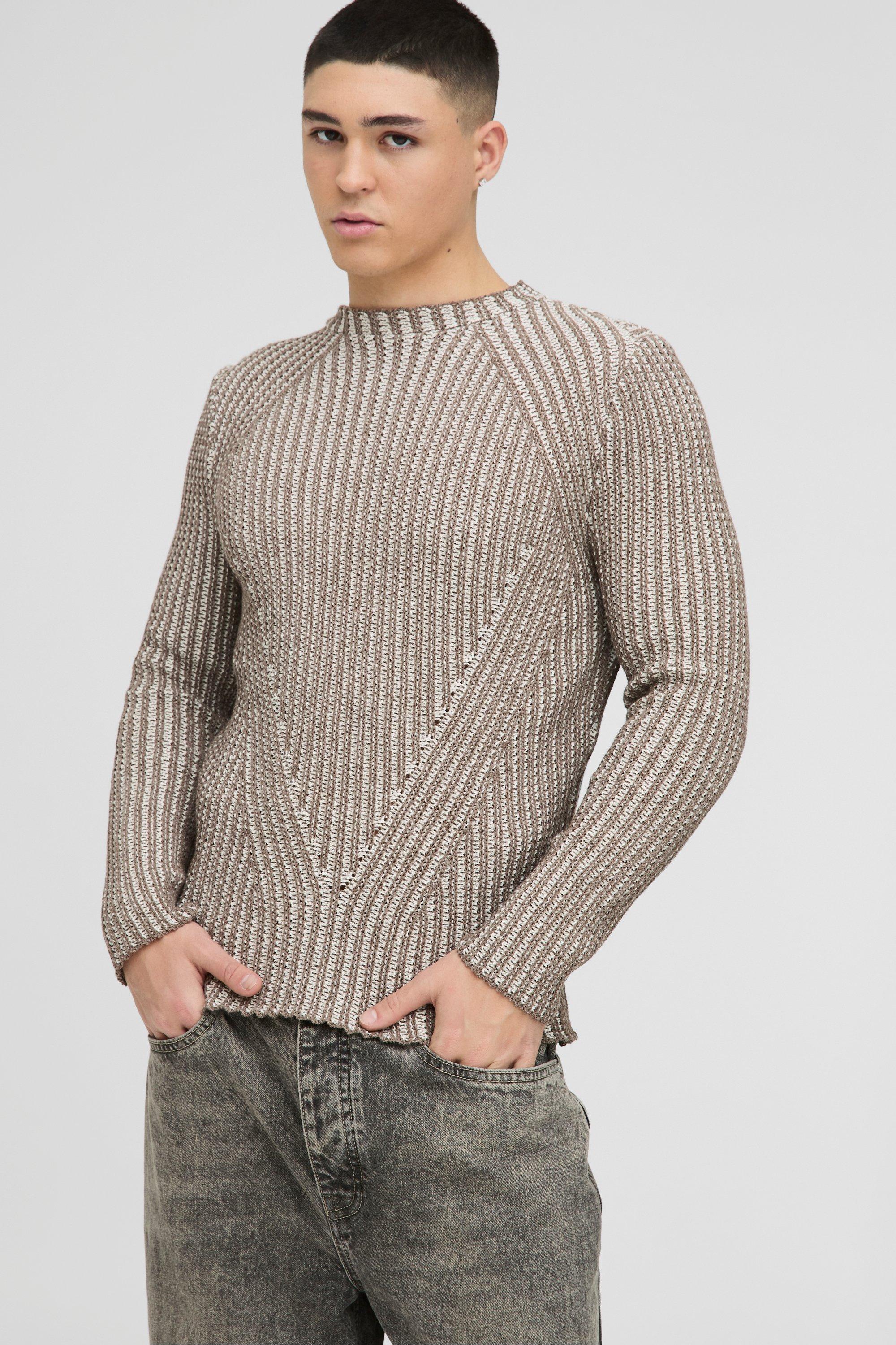 Maglione attillato in maglia a coste in lavaggio acido con maniche raglan, Brown