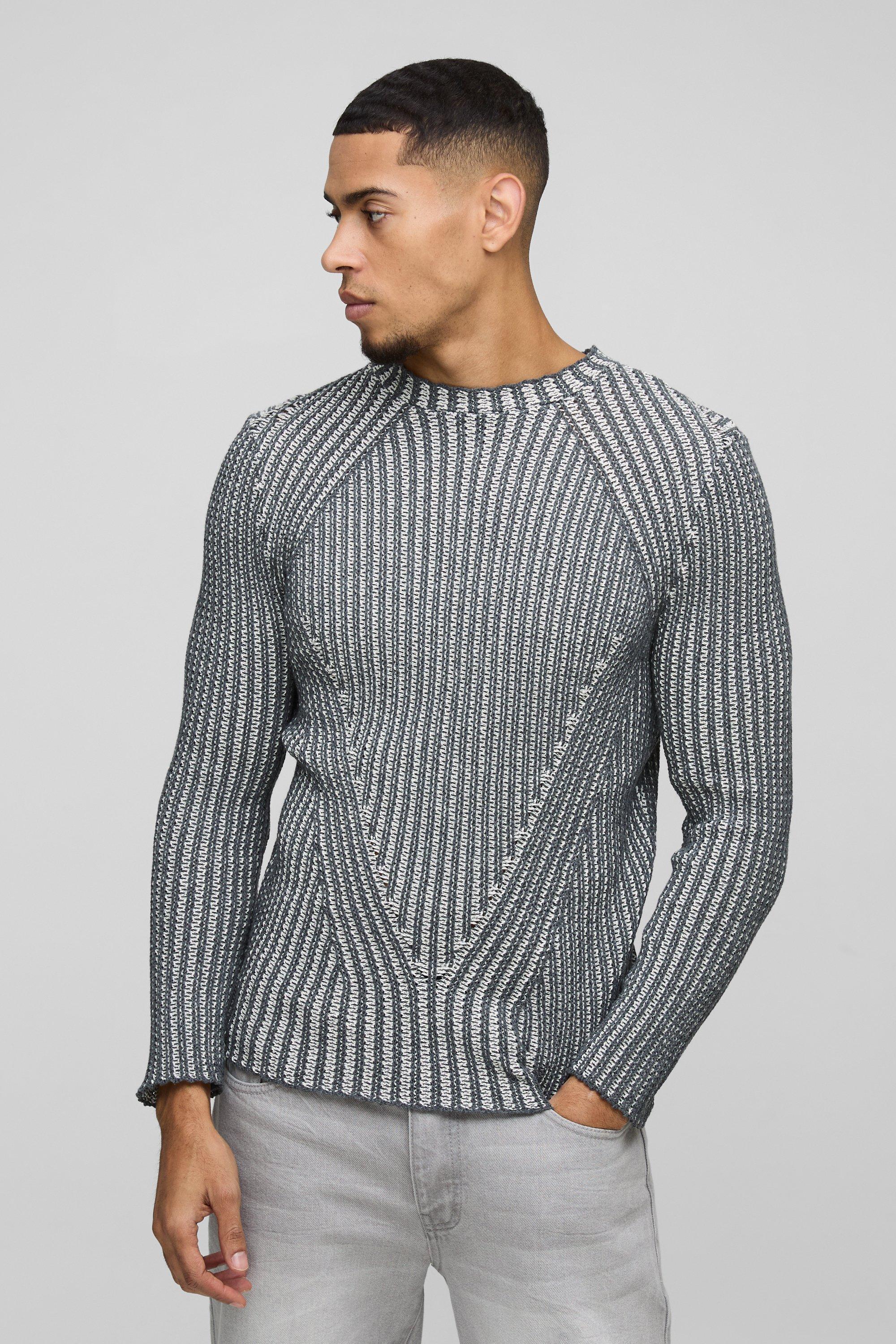 Maglione attillato in maglia a coste in lavaggio acido con maniche raglan, Grigio