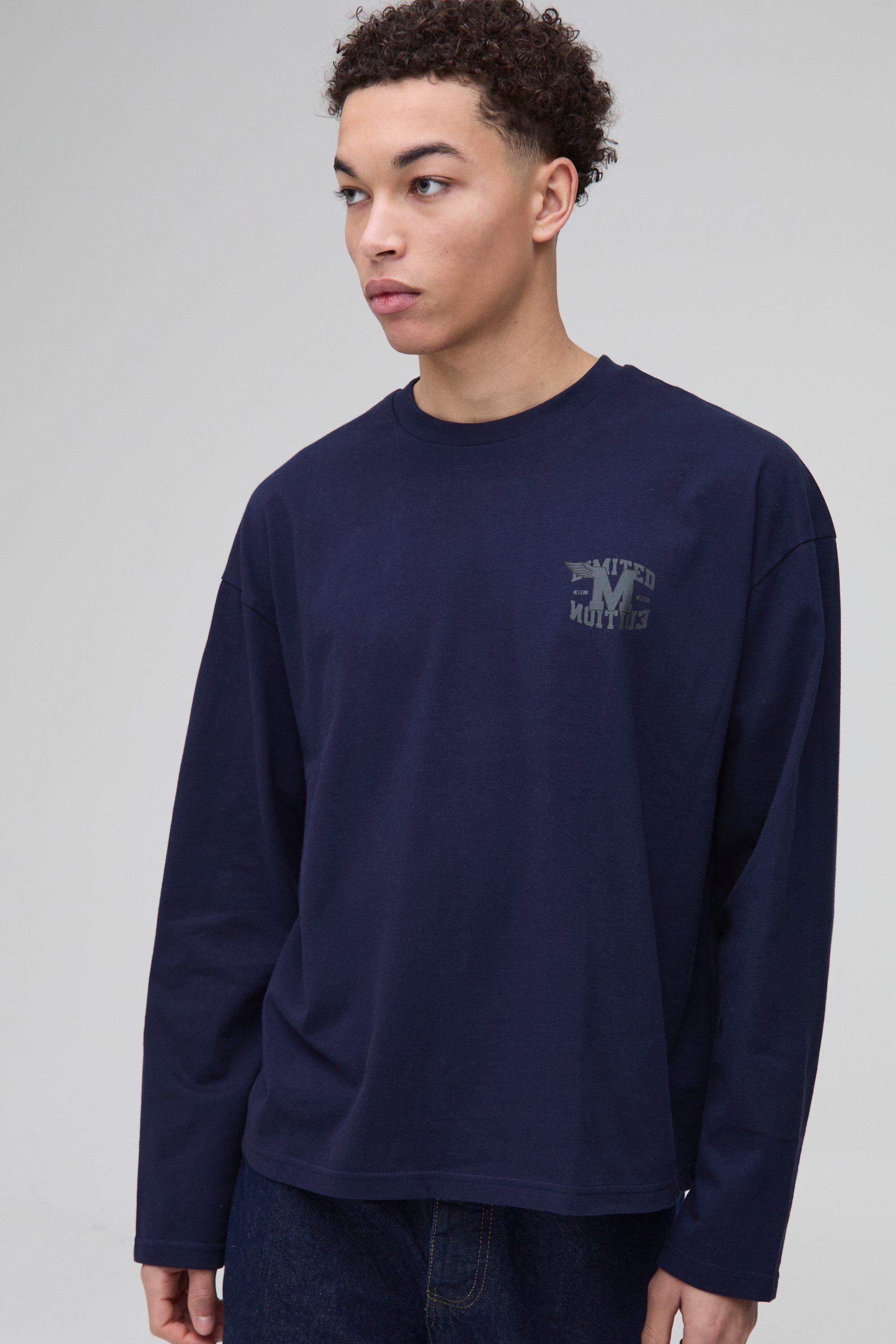 T-shirt squadrata oversize pesante a maniche lunghe stile Varsity, Navy