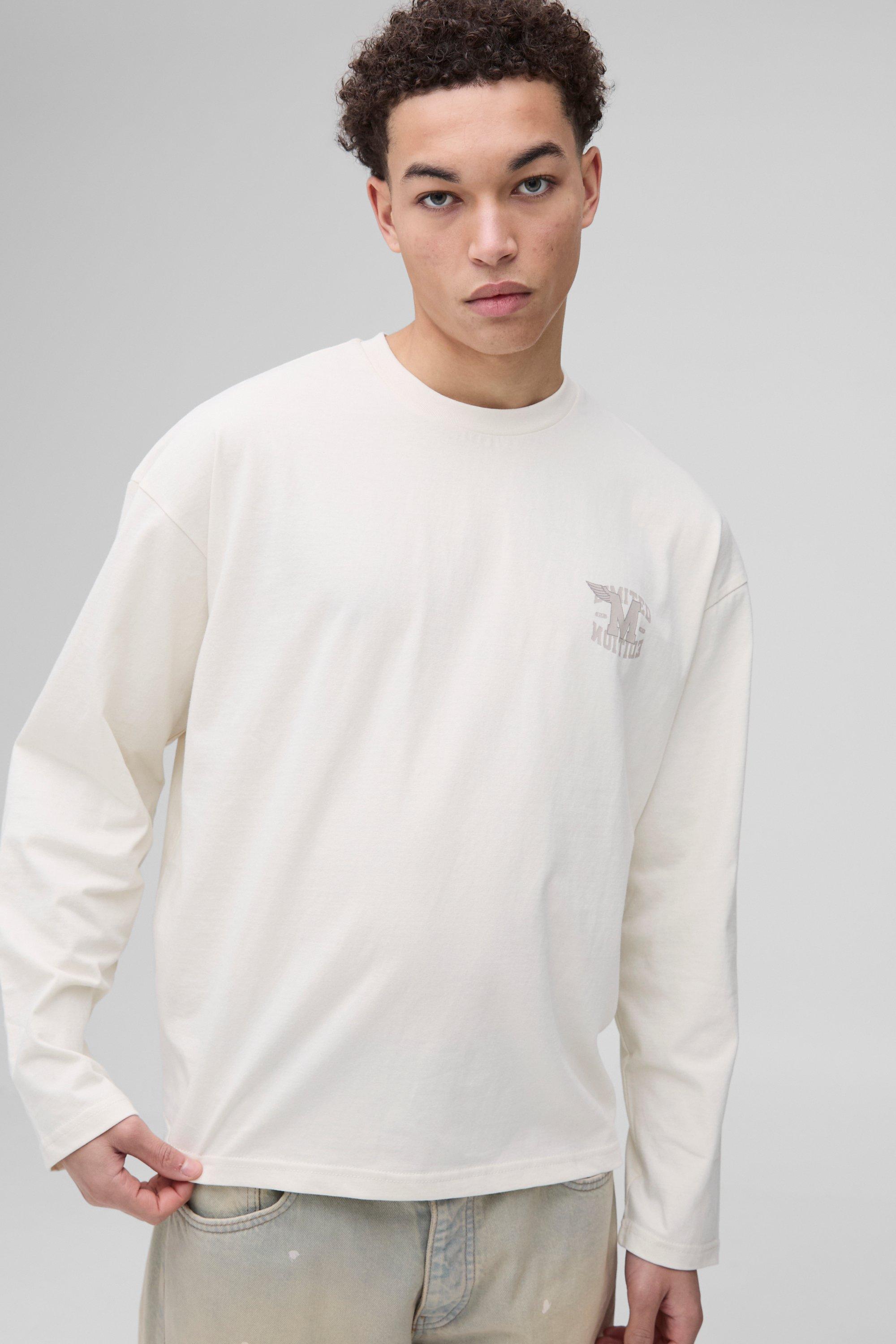 Mens Cream Oversized Boxy Varsity Heavyweight Long Sleeve T-Shirt, Cream