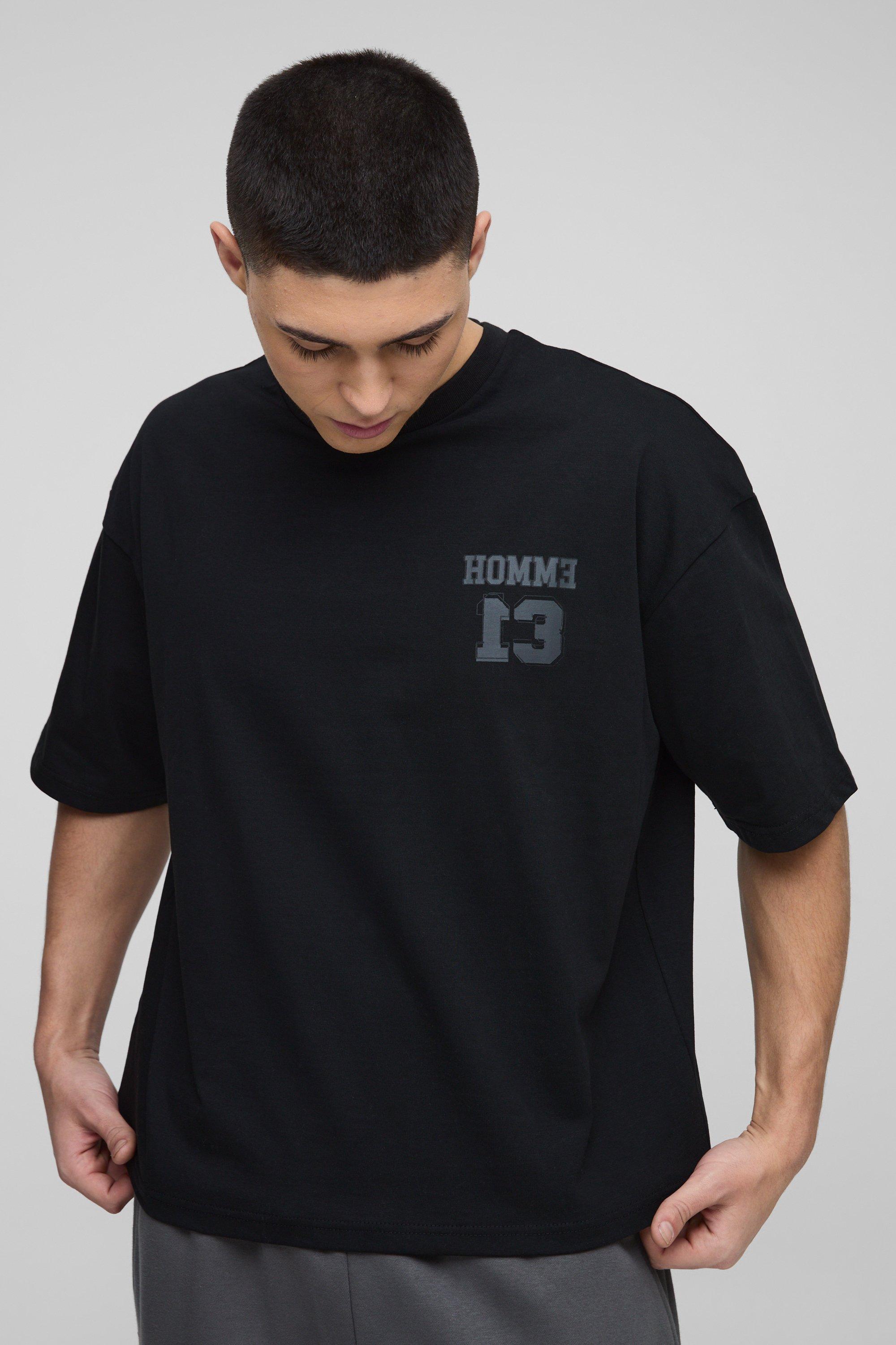 Mens Black Oversized Boxy Heavyweight Varsity T-Shirt, Black