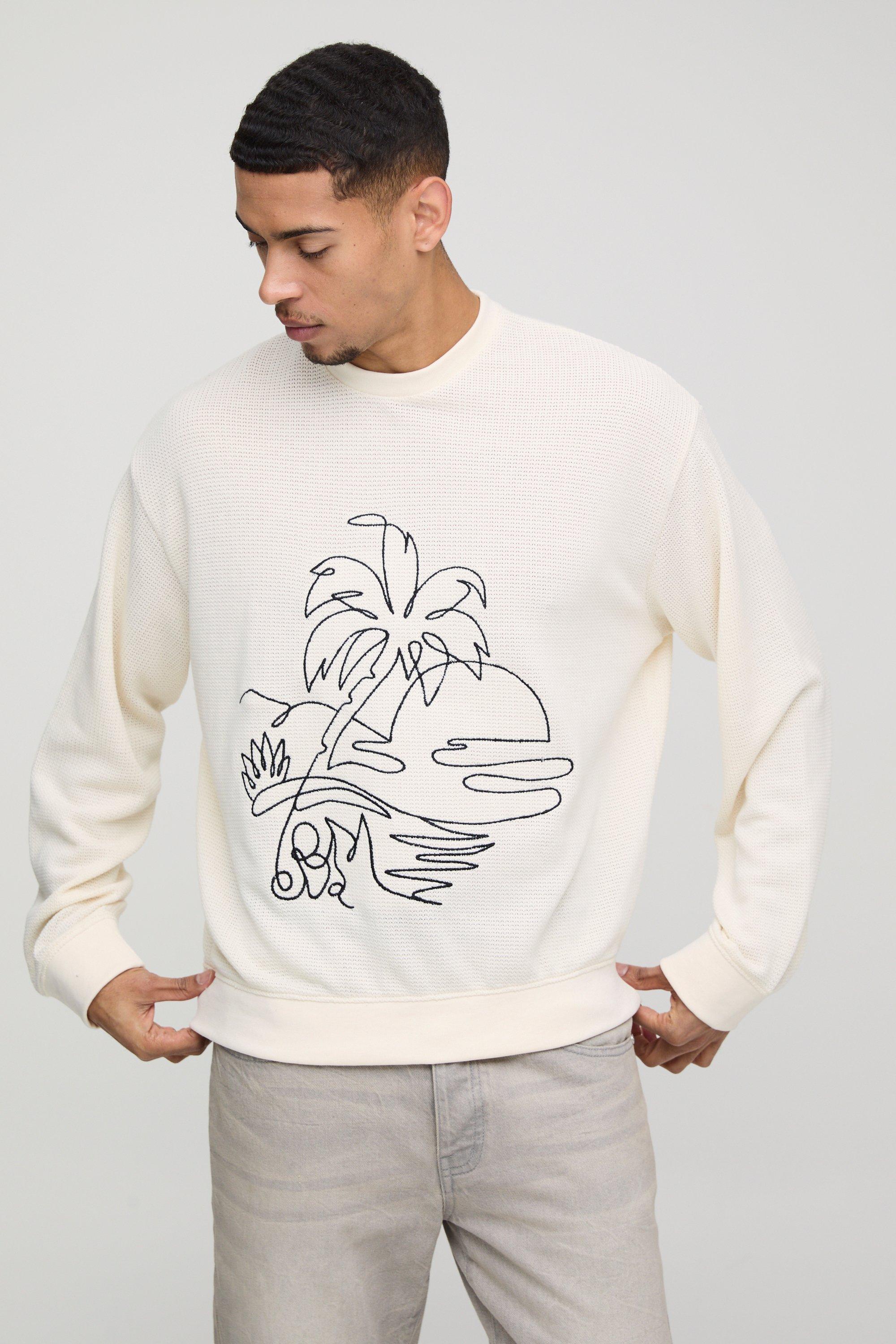 Felpa squadrata oversize con ricami a nido d'ape, Cream