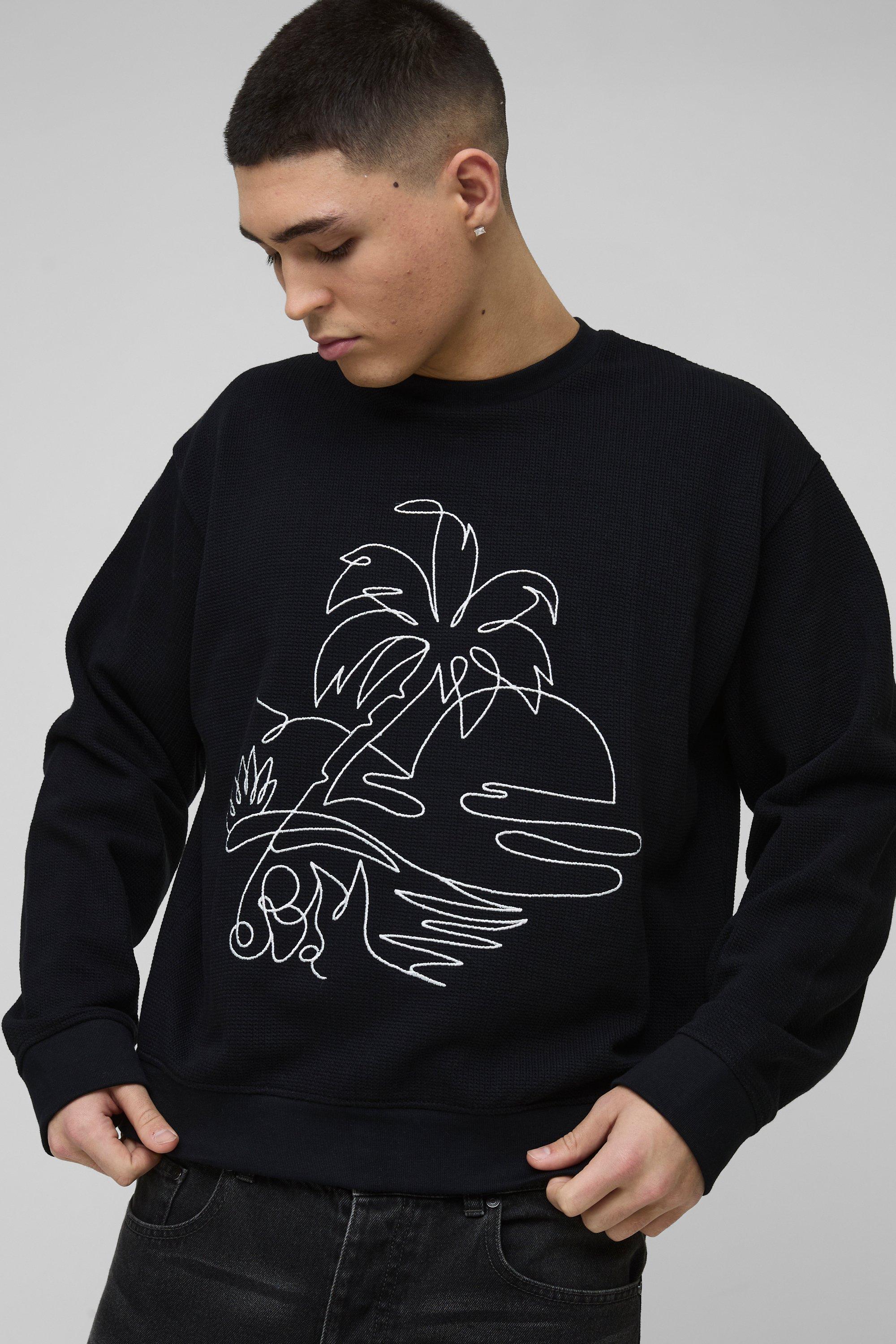 Mens Black Oversized Boxy Waffle Palm Graphic Embroidered Sweatshirt, Black
