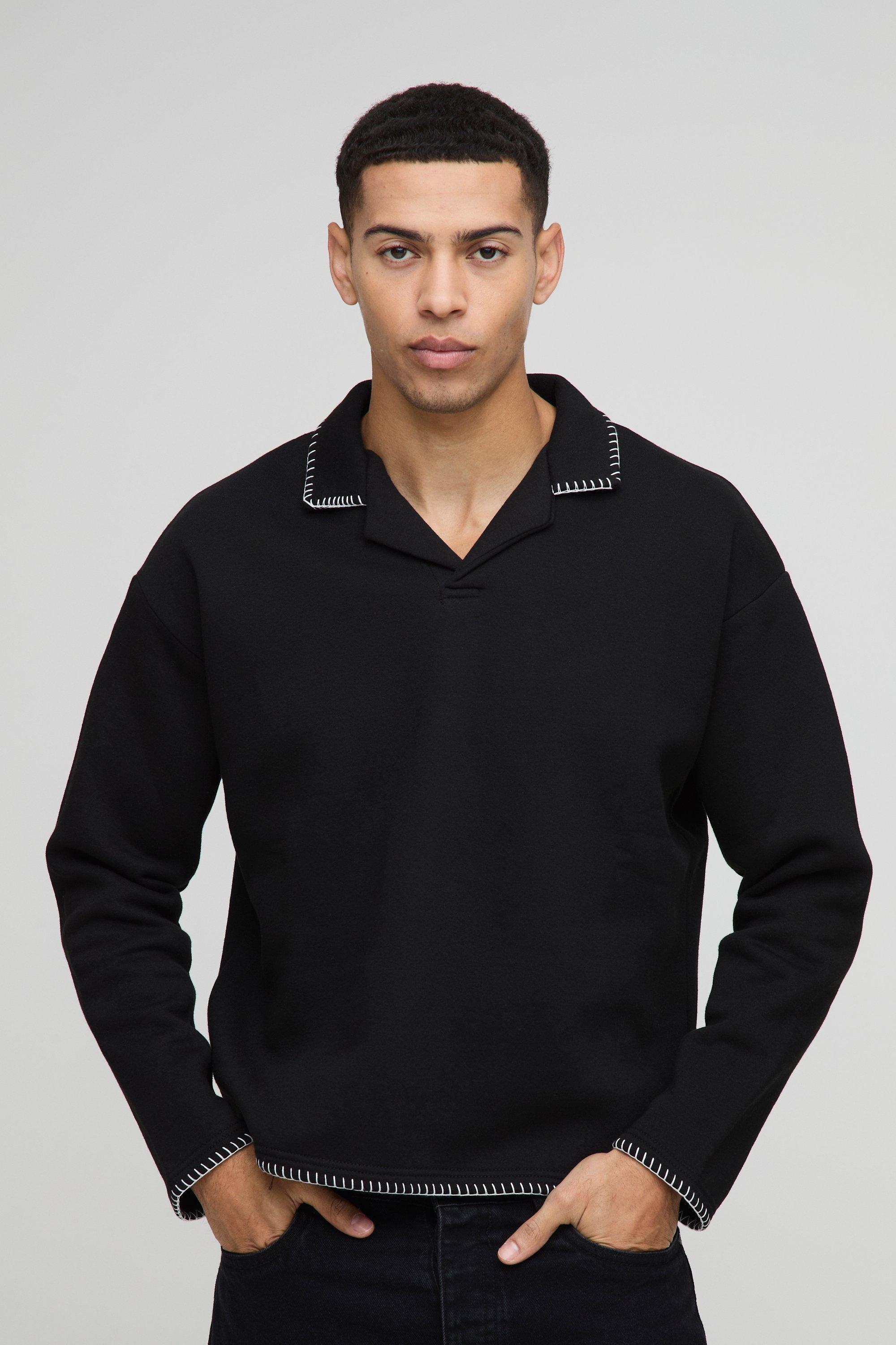Felpa squadrata oversize stile polo con cuciture e rever, Nero