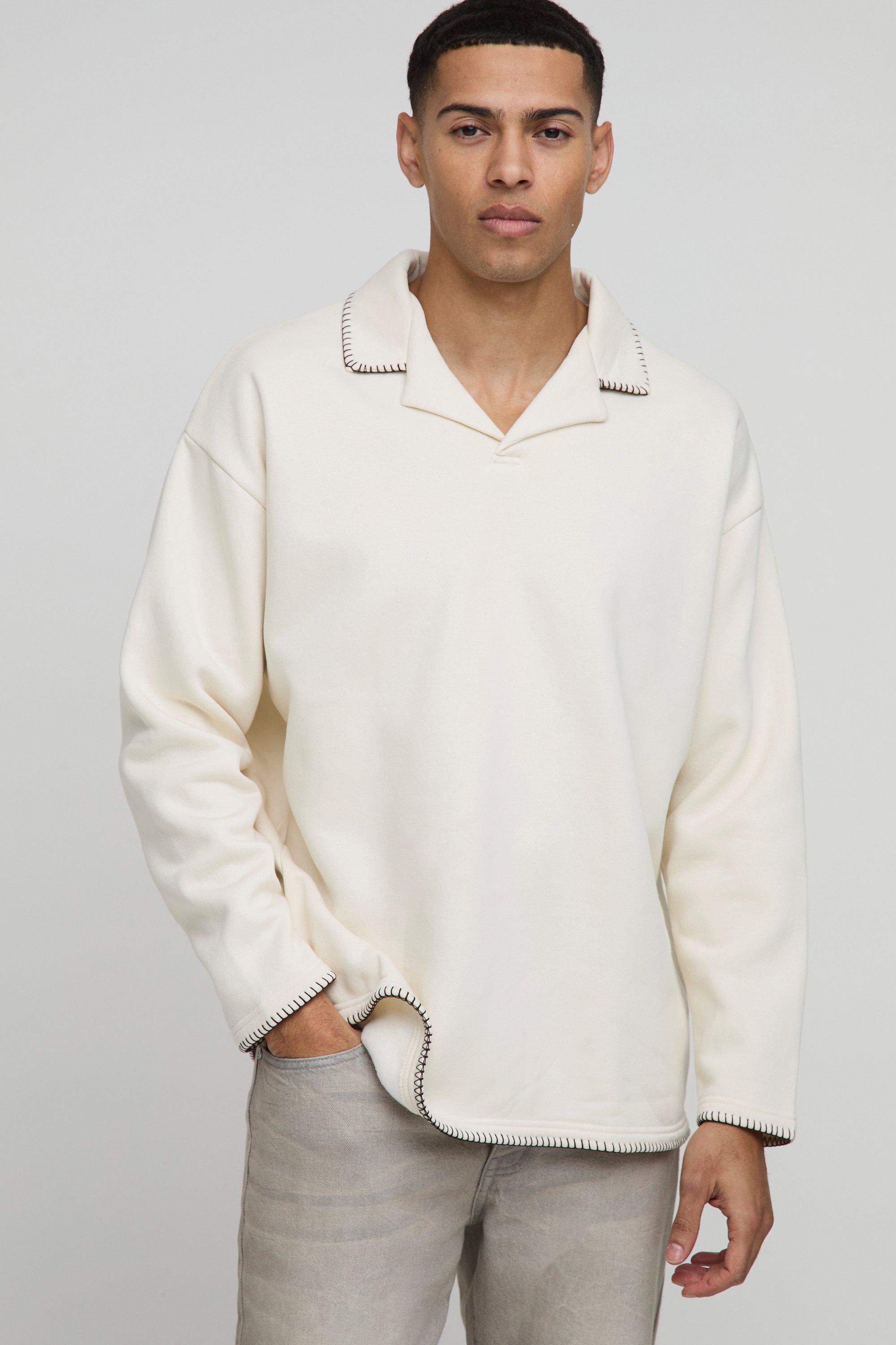 Felpa squadrata oversize stile polo con cuciture e rever, Cream