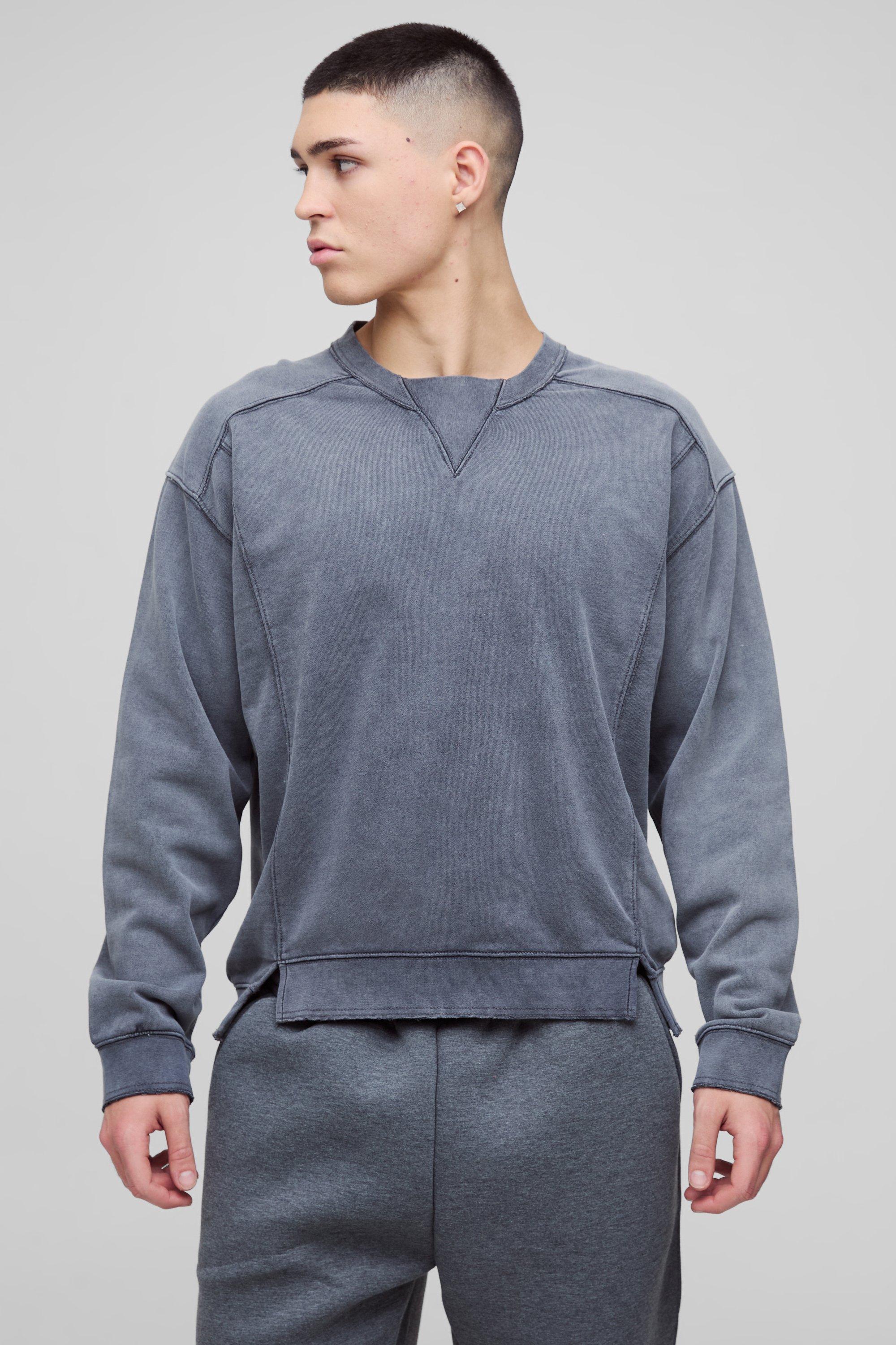 Mens Grey Oversized Boxy Seam Wash Sweatshirt, Grey