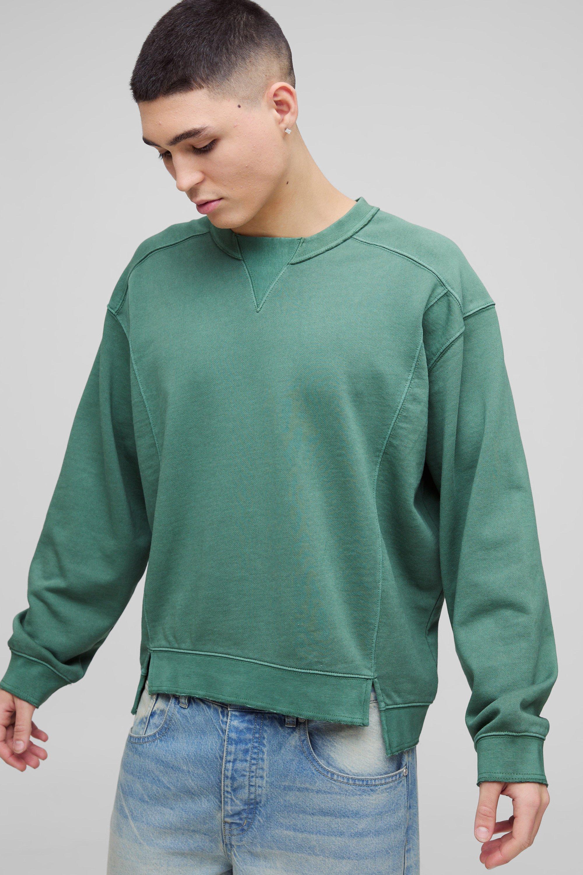 Mens Green Oversized Boxy Seam Wash Sweatshirt, Green