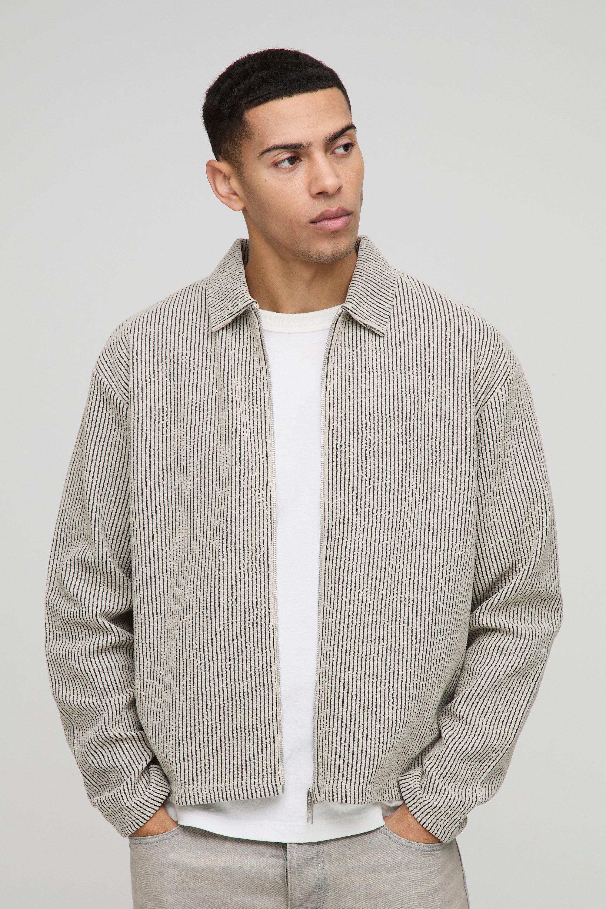 Mens Beige Oversized Boxy Jacquard Rib Harrington Jacket, Beige