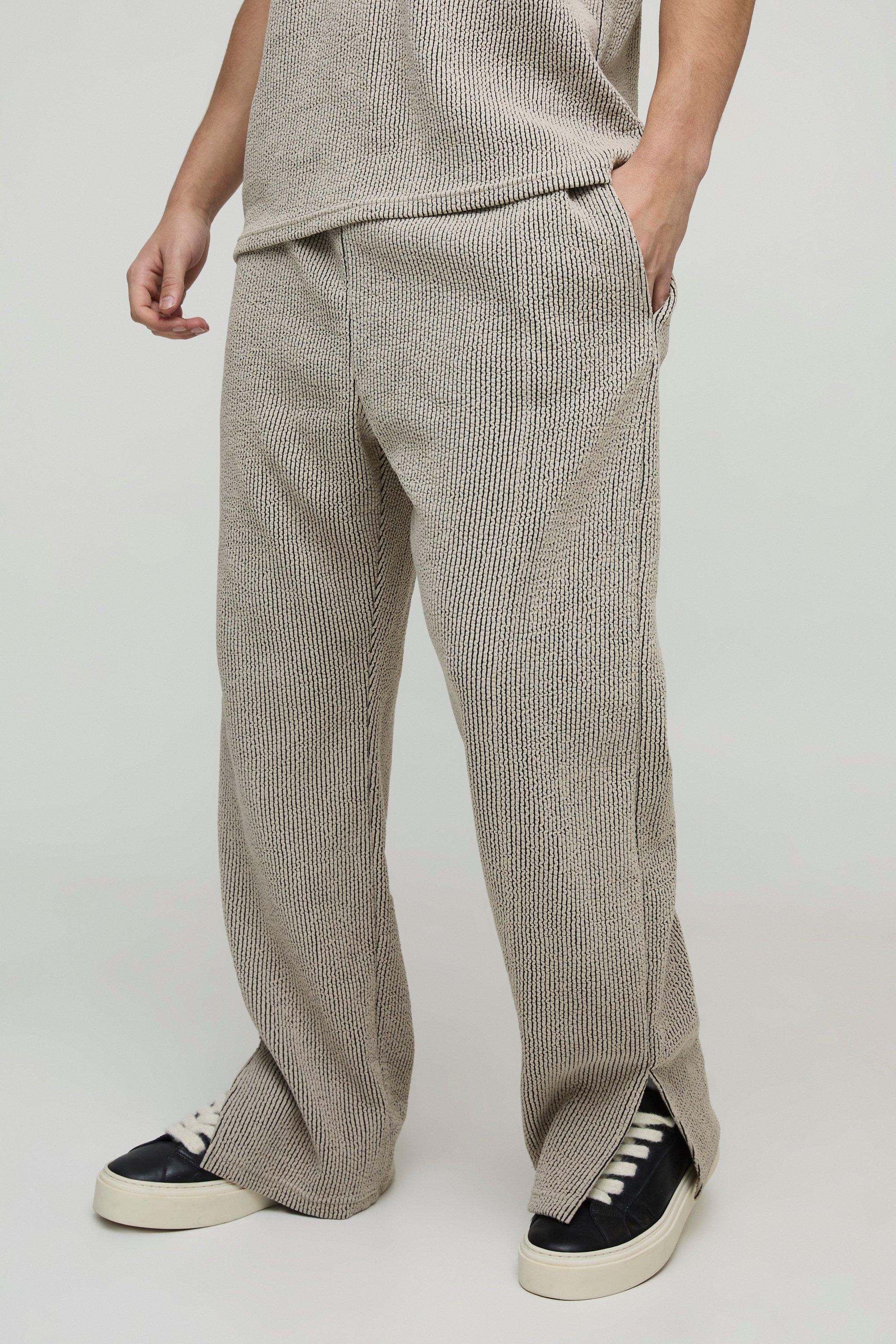 Pantaloni tuta dritti a coste in jacquard con spacco sul fondo, Beige