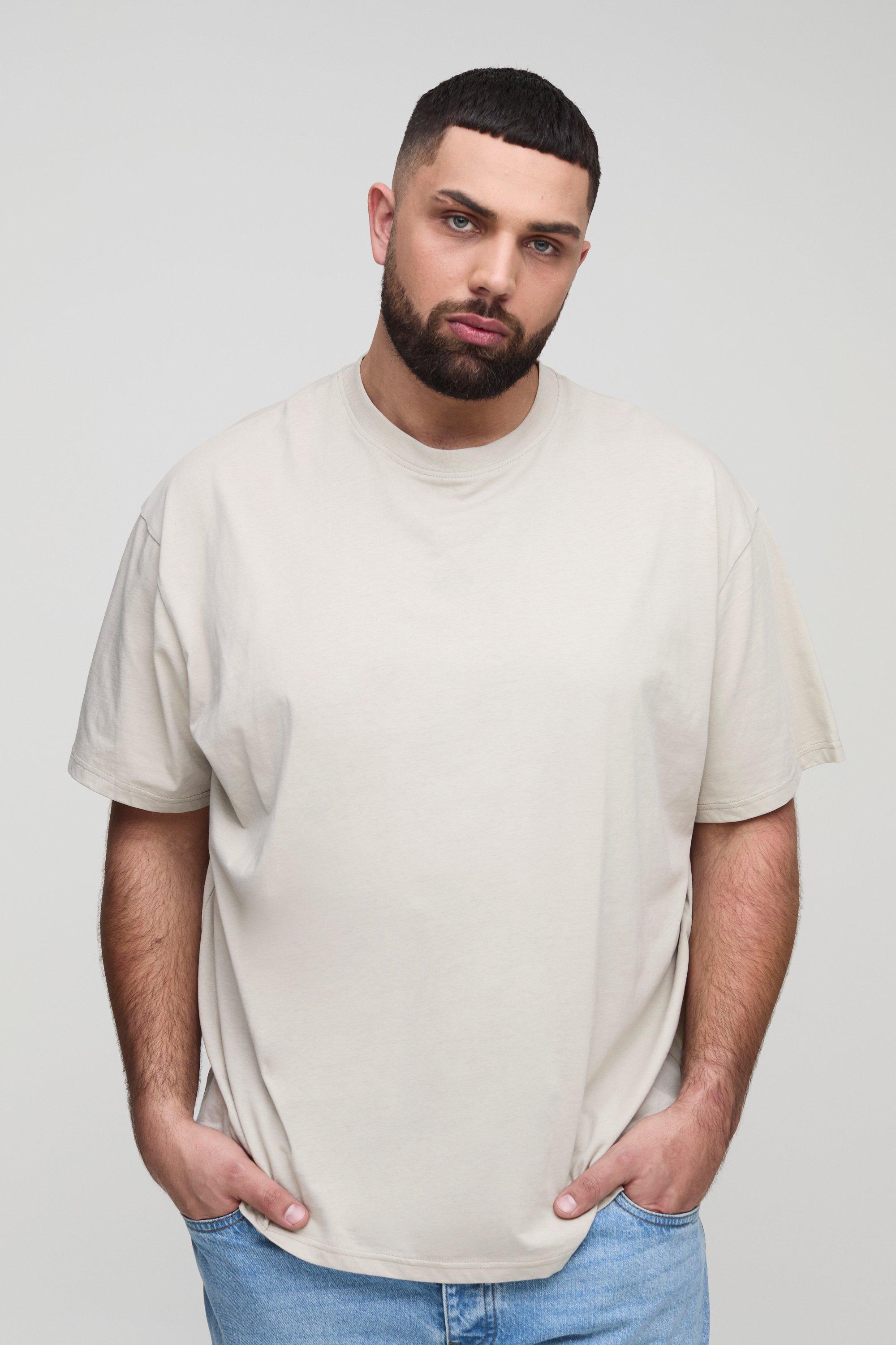 Mens Beige Plus Oversized Basic Crew Neck T-shirt, Beige