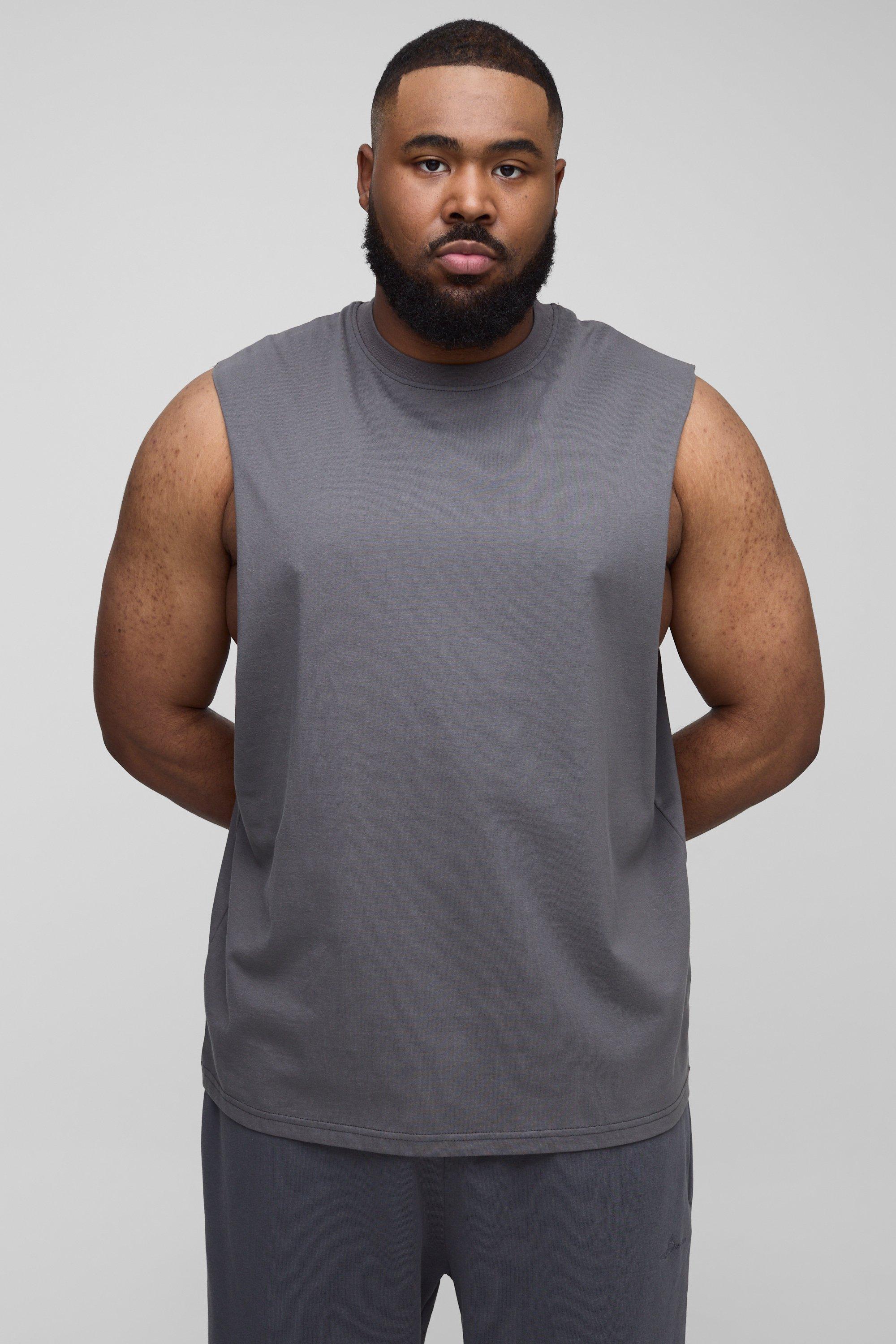 Mens Grey Plus Regular Fit Basic Drop Armhole vest, Grey