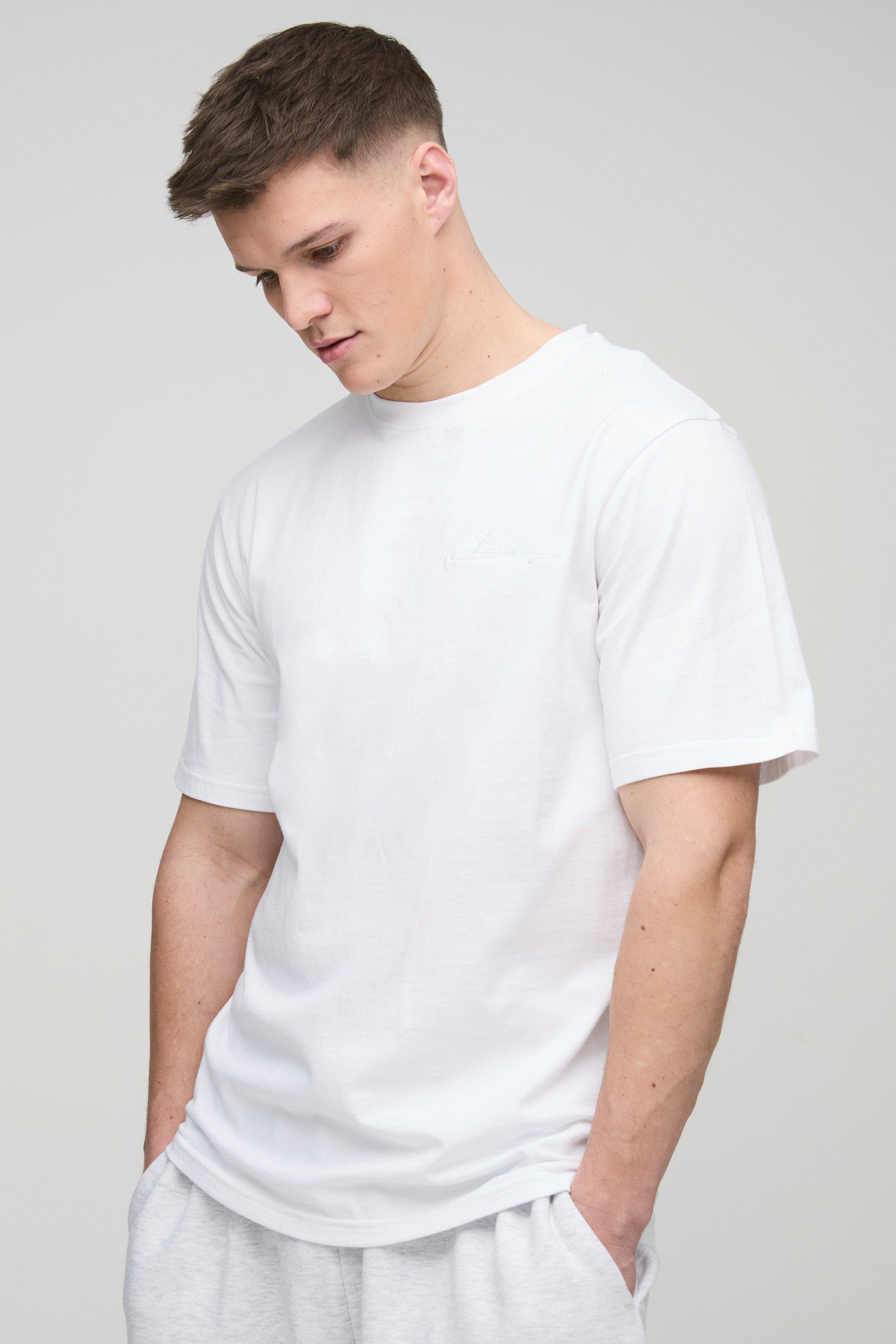 Mens White Tall BM Signature Embroidered Crew Neck T-shirt, White