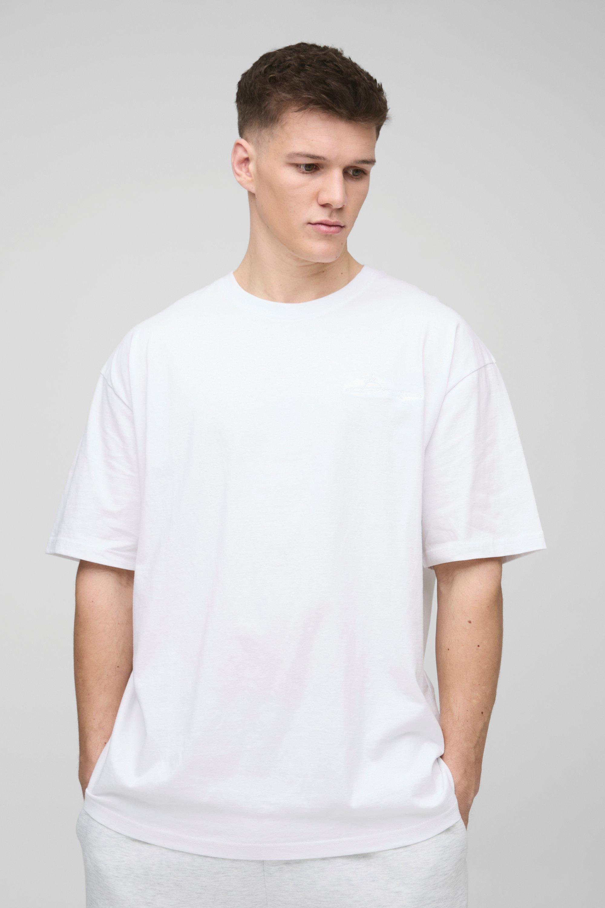 Image of T-shirt Tall oversize a girocollo con firma BM e ricamo, Bianco