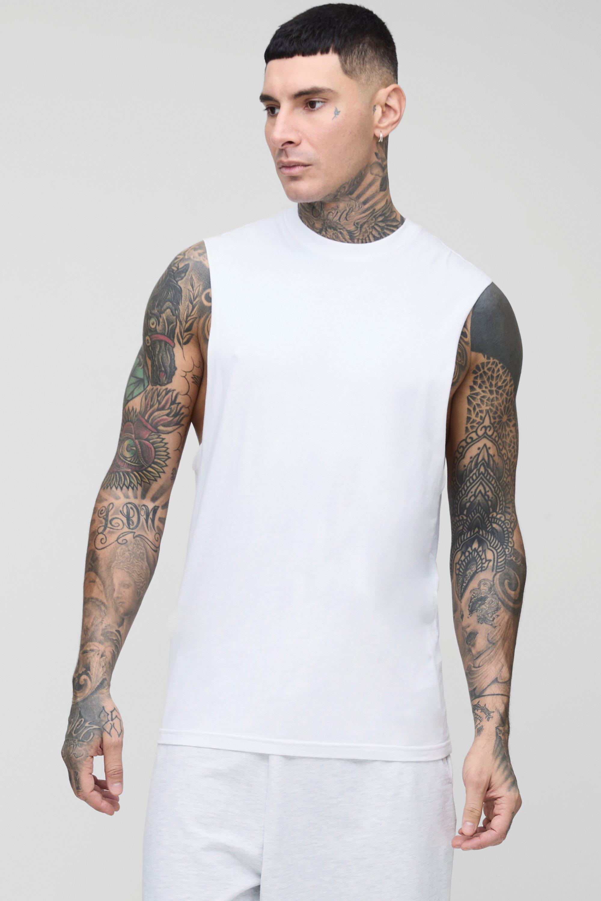 Mens White Tall Reguar Fit Basic Drop Armhole vest, White