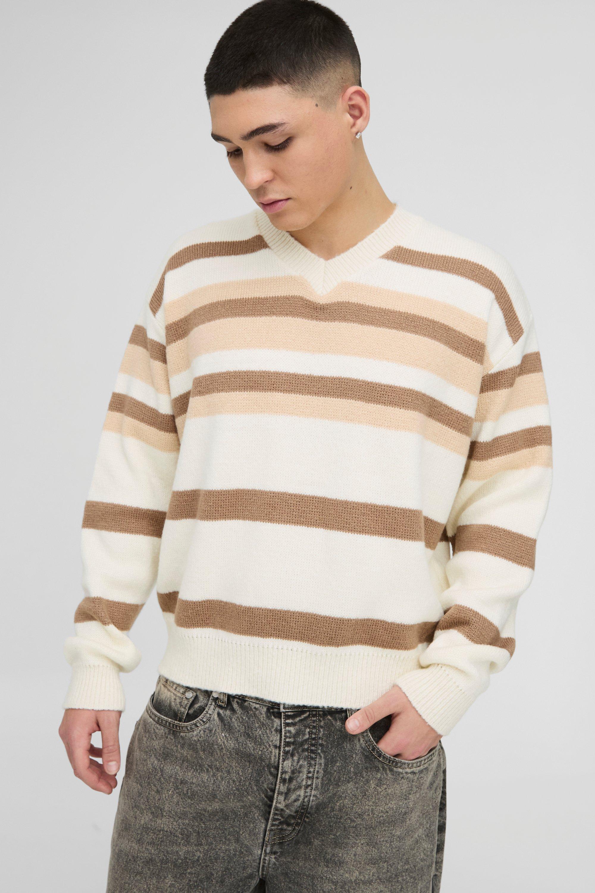 Maglione squadrato oversize in maglia spazzolata a righe con scollo a V, Bianco