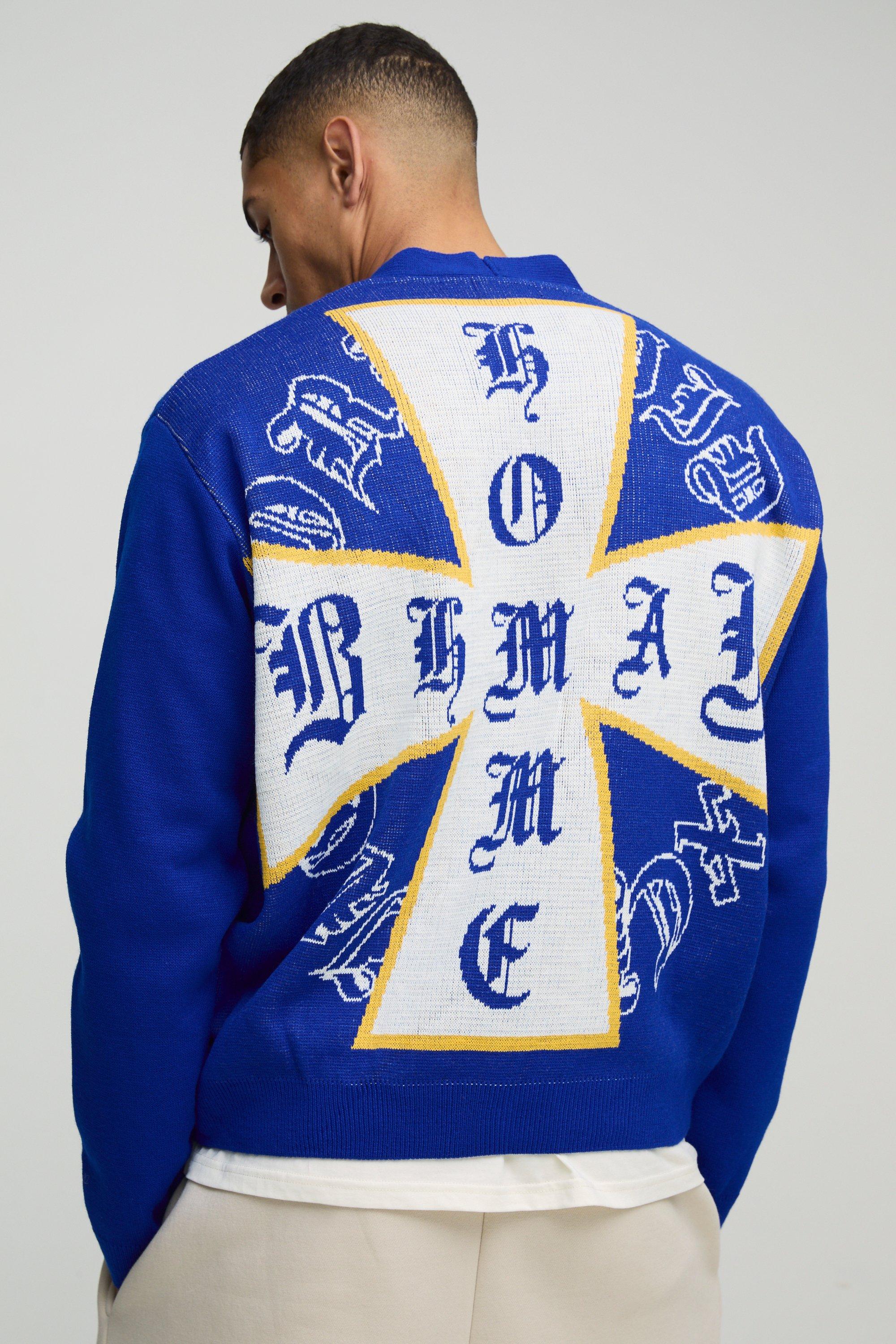 Mens Blue Boxy Cross Graphic Knitted Cardigan, Blue