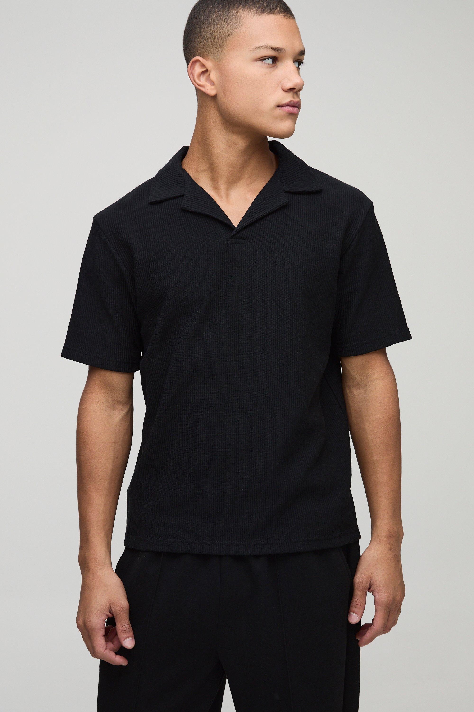 Mens Black Boxy Revere Pique Polo, Black