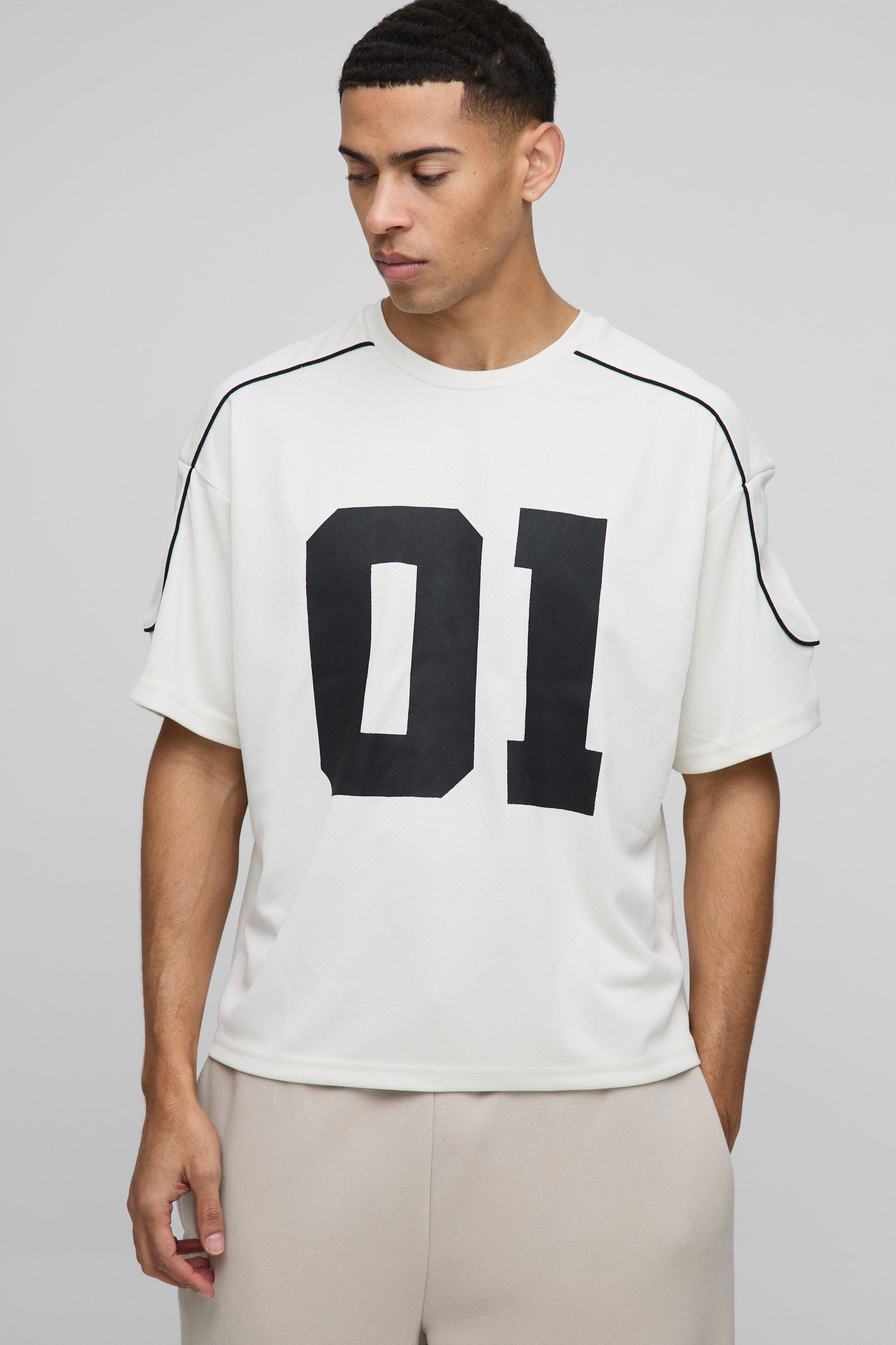 Mens Cream Oversized Boxy Half Sleeve Varsity T-Shirt, Cream