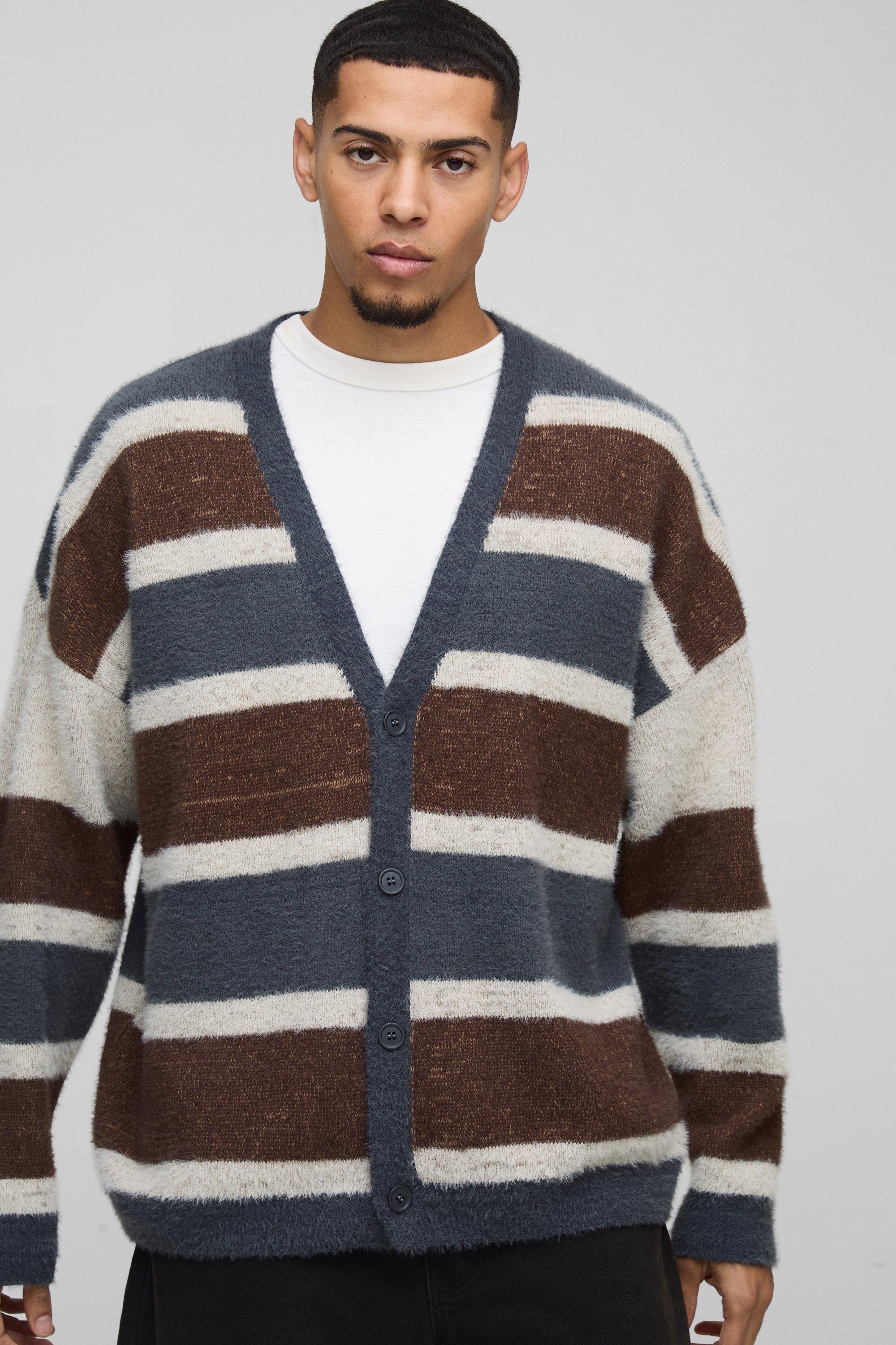 Oversized Dropped Shoulder Brushed Stripe Knitted Cardigan, Azzurro