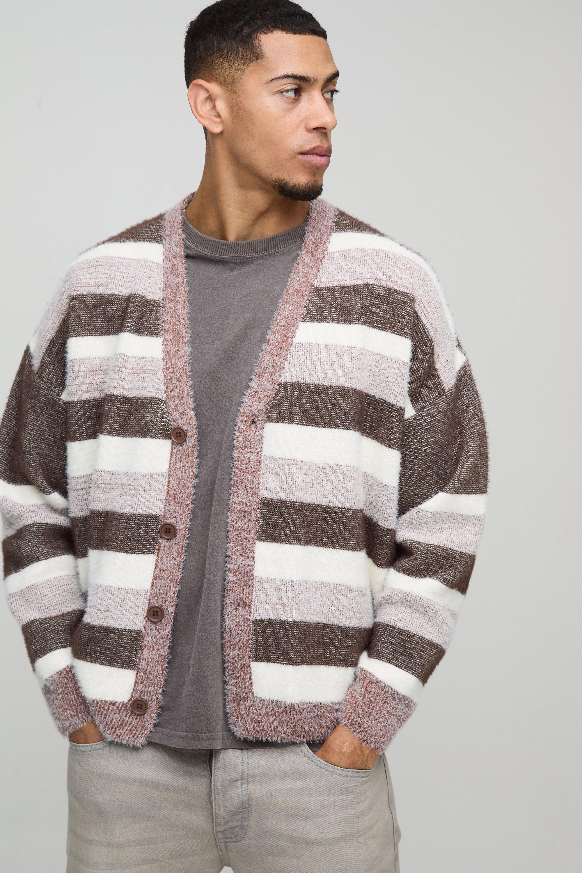 Mens Brown Oversized Dropped Shoulder Brushed Stripe Knitted Cardigan, Brown